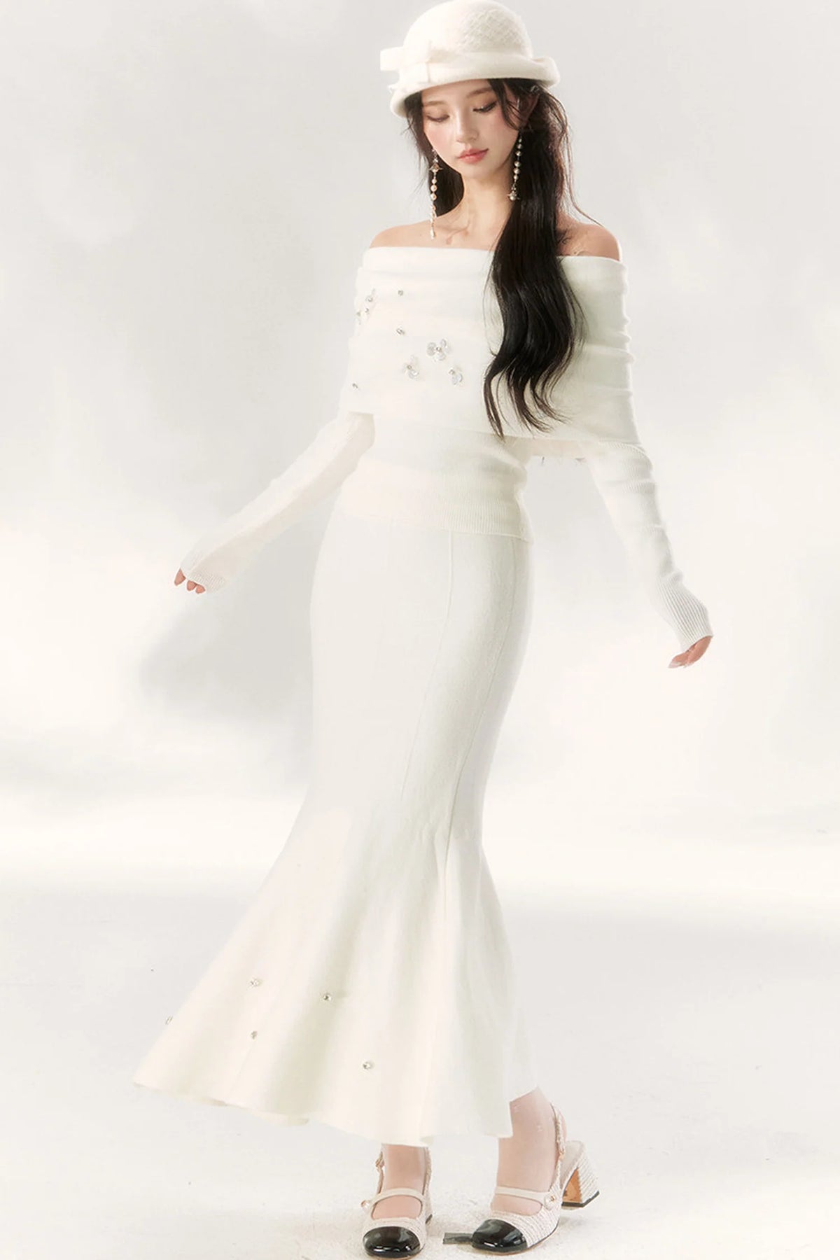 Diamond-Studded Knit Fishtail Skirt
