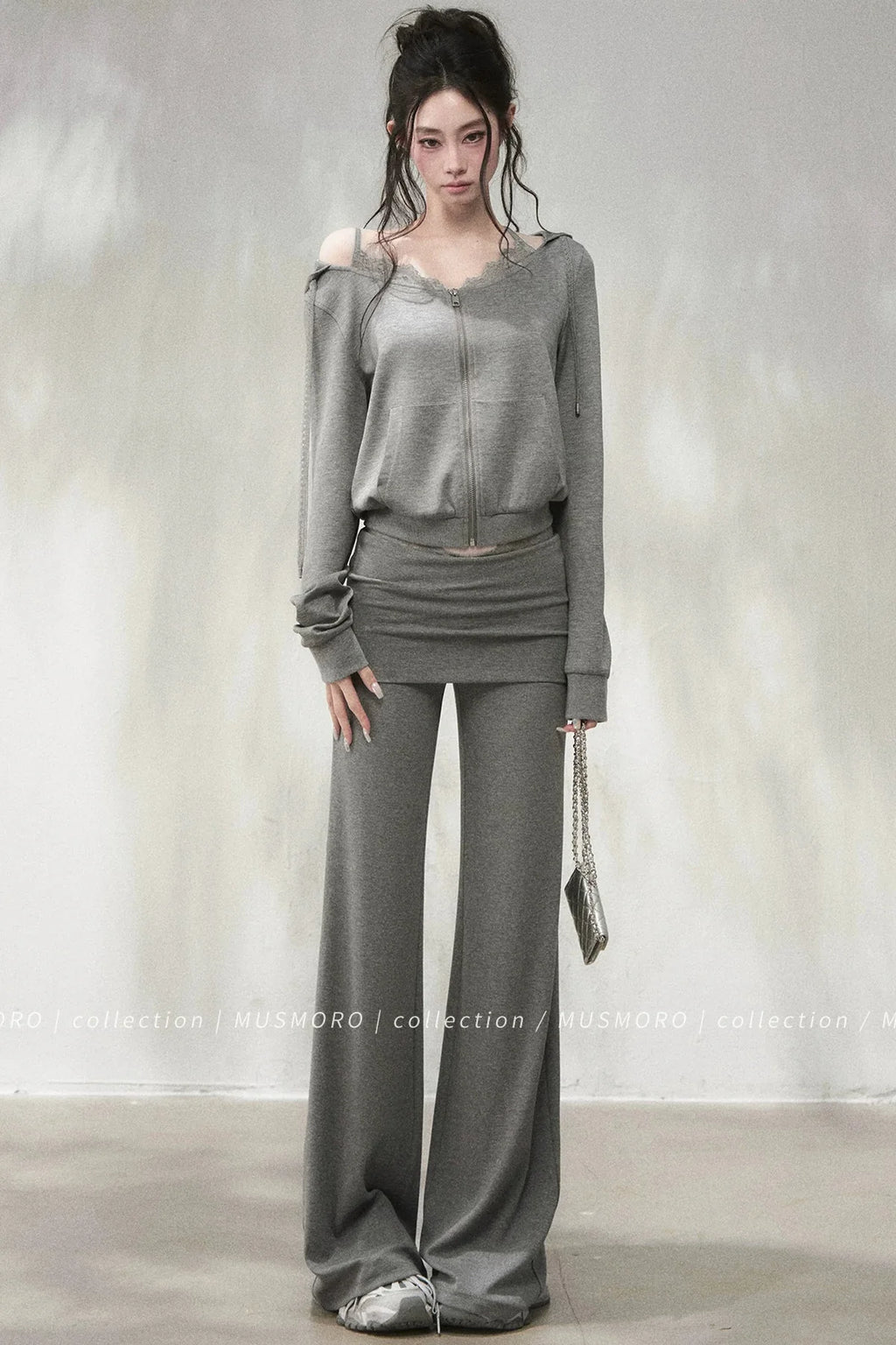 Lace Trim Folded Waistband Flared Pants