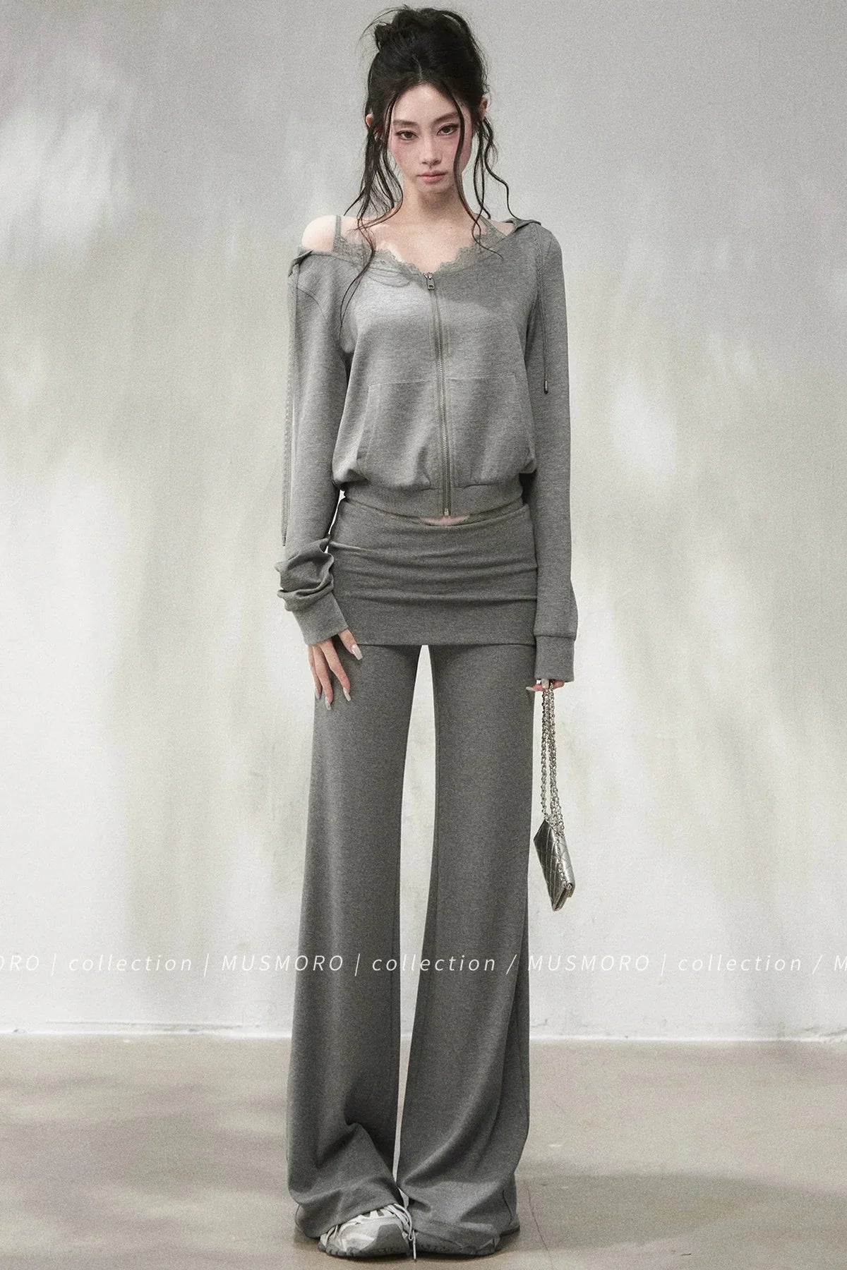 Lace Trim Folded Waistband Flared Pants