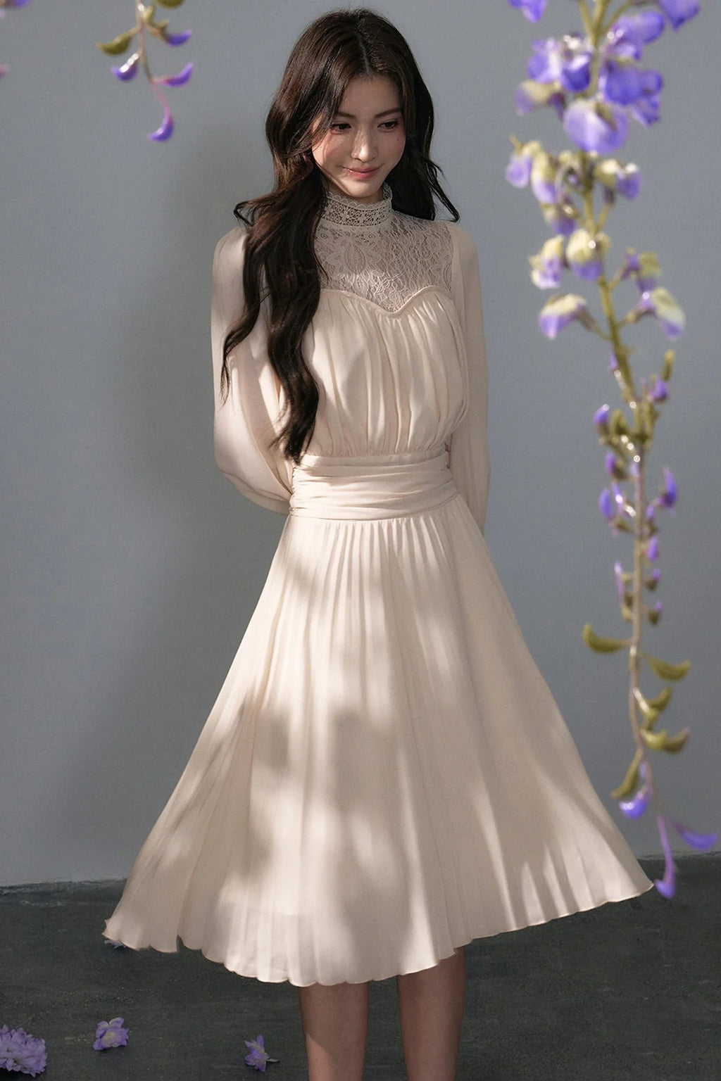 Pleated Lace Mid-Length Dress