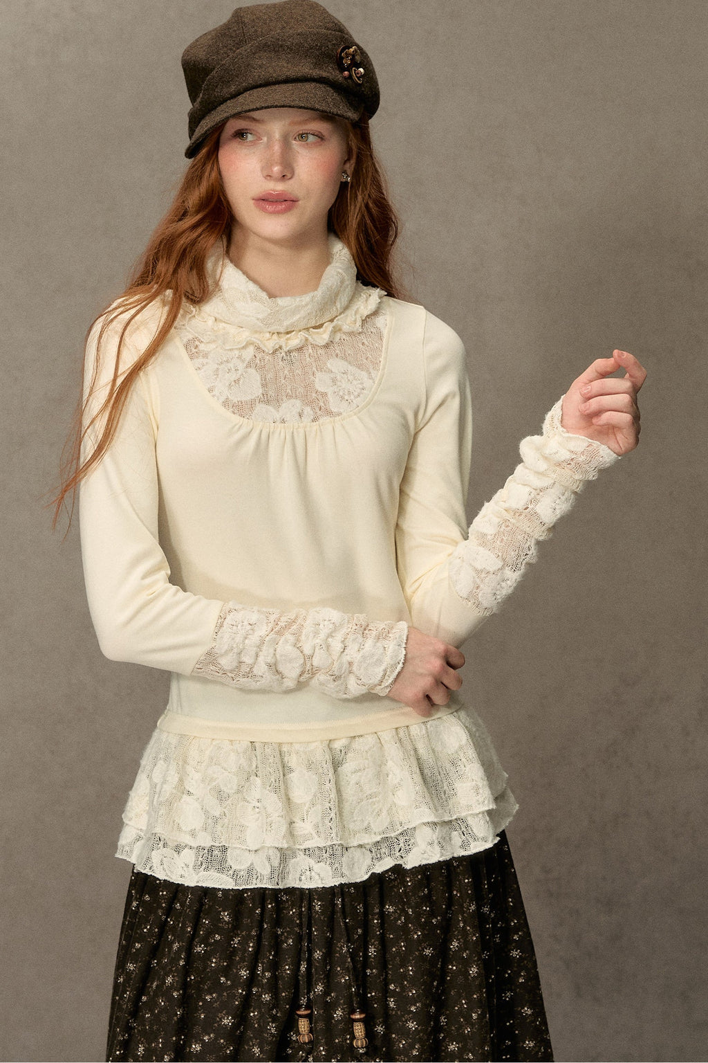 High-Neck Lace Edging Base Layer Top