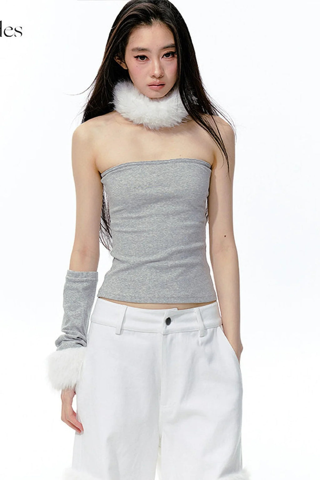Detachable Fur Collar Knit Tube Top