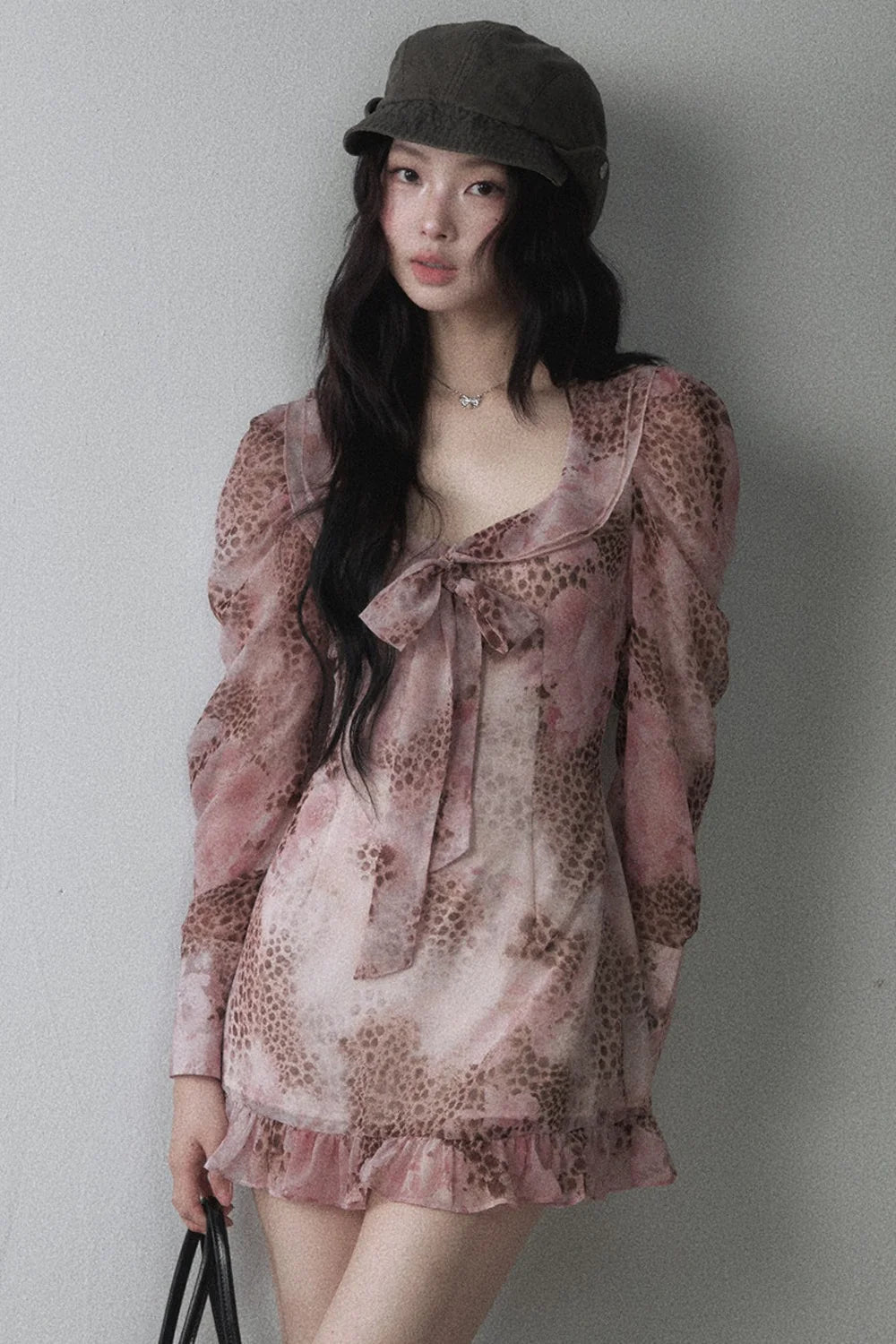 Pink Leopard Print Bow Tie U-Neck Dress