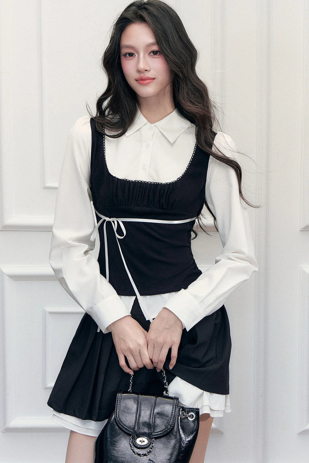 Retro Bow Layered-Look Top and Black Short Skirt Set-Up