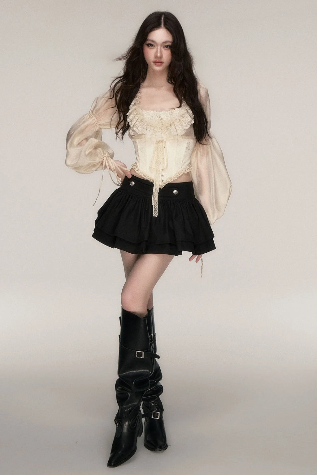 Beige Lace Jacquard Corset Lace-Up Top