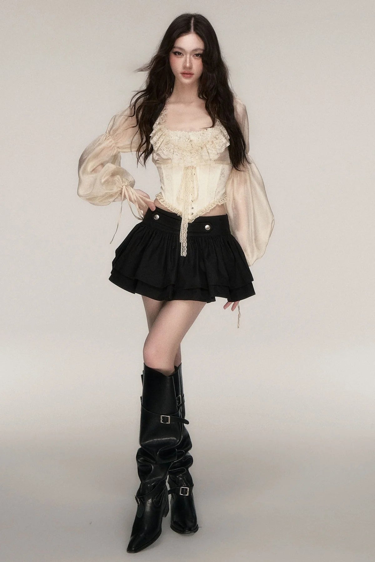 Beige Lace Jacquard Corset Lace-Up Top