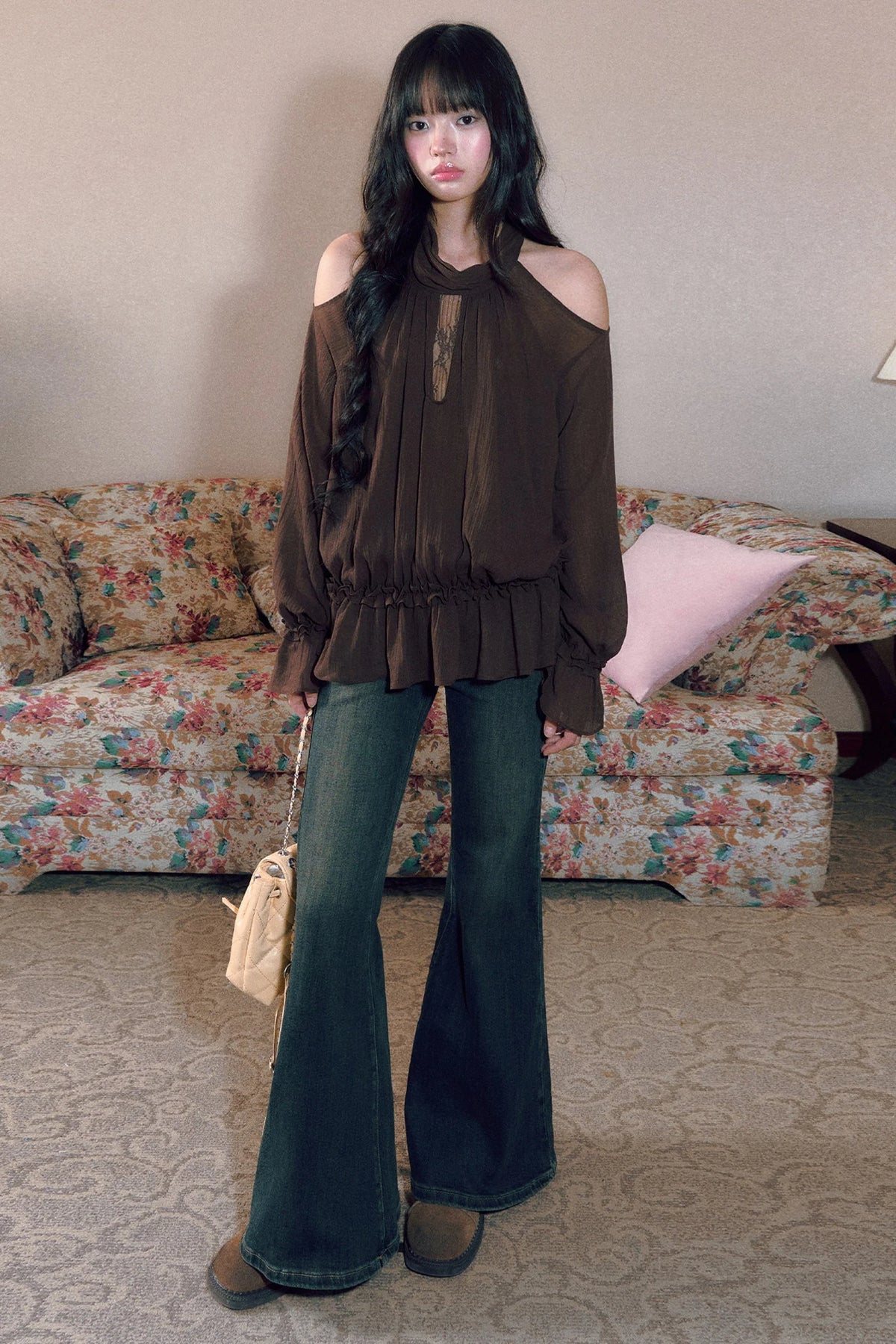 Retro Halterneck Off-Shoulder Ruffle Blouse