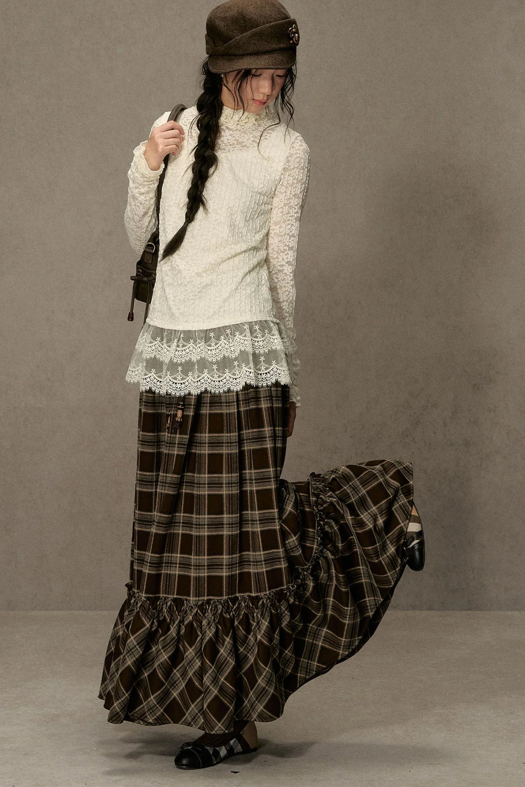 Elastic Waist Plaid Ruffle Skirt