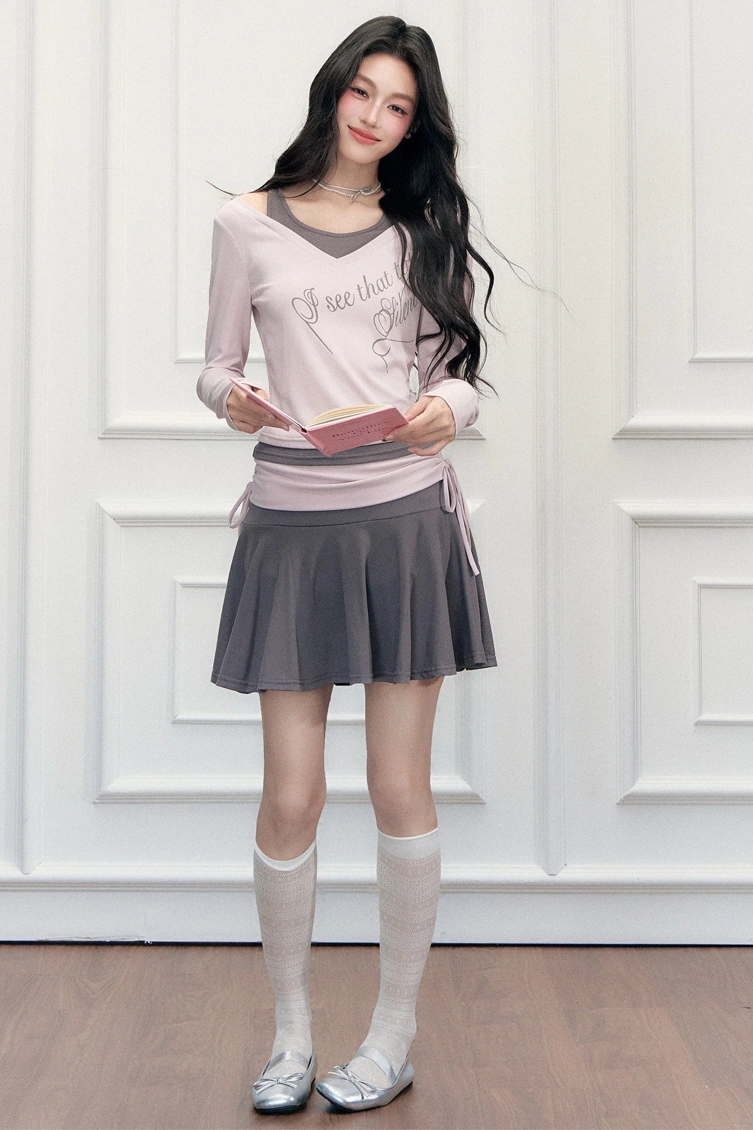 Letter Print T-Shirt with Contrast Drawstring Skirt Set-Up