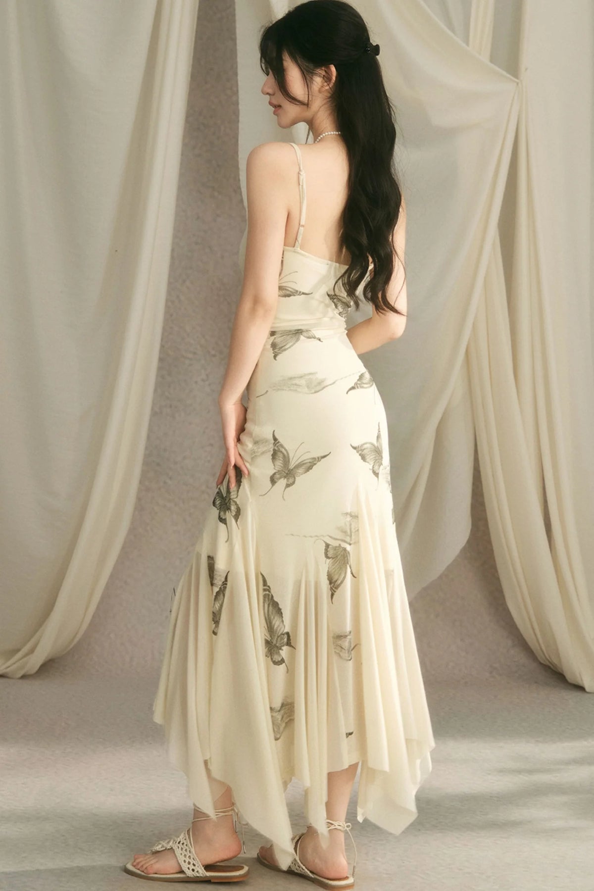 Pleated Waist Butterfly Print Strap Dress