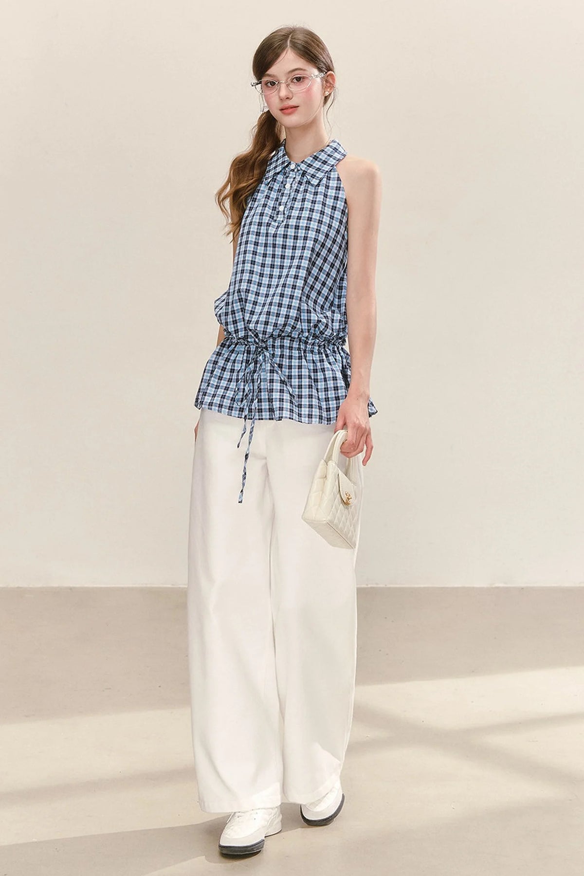 Plaid Sleeveless Halter Drawstring Top Set-Up