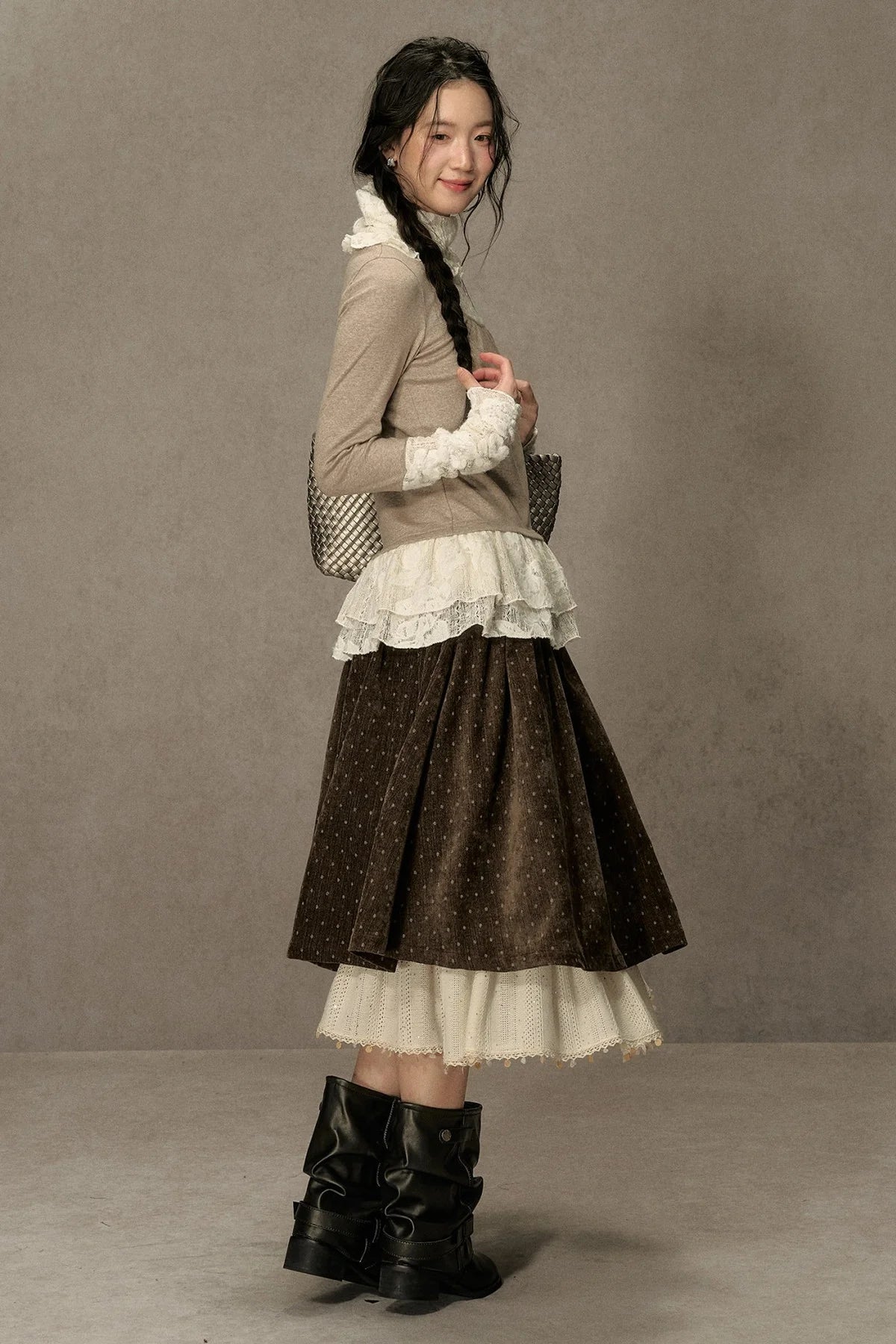 High-Neck Lace Edging Base Layer Top