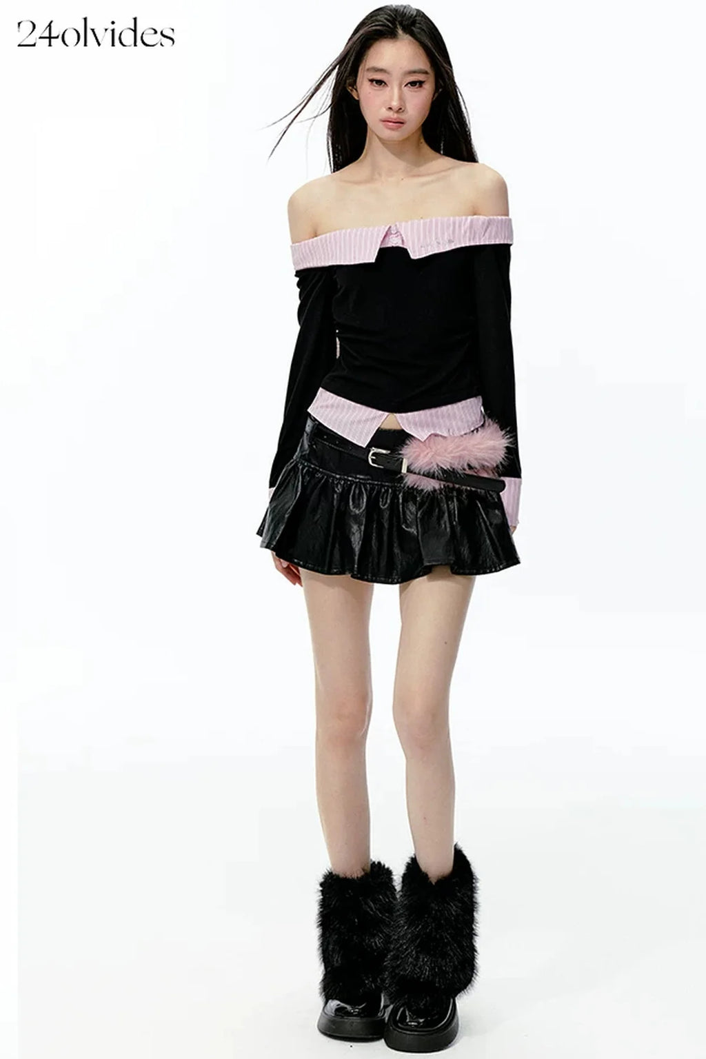 Black Pink Color-Blocked Off-Shoulder Ruched Top