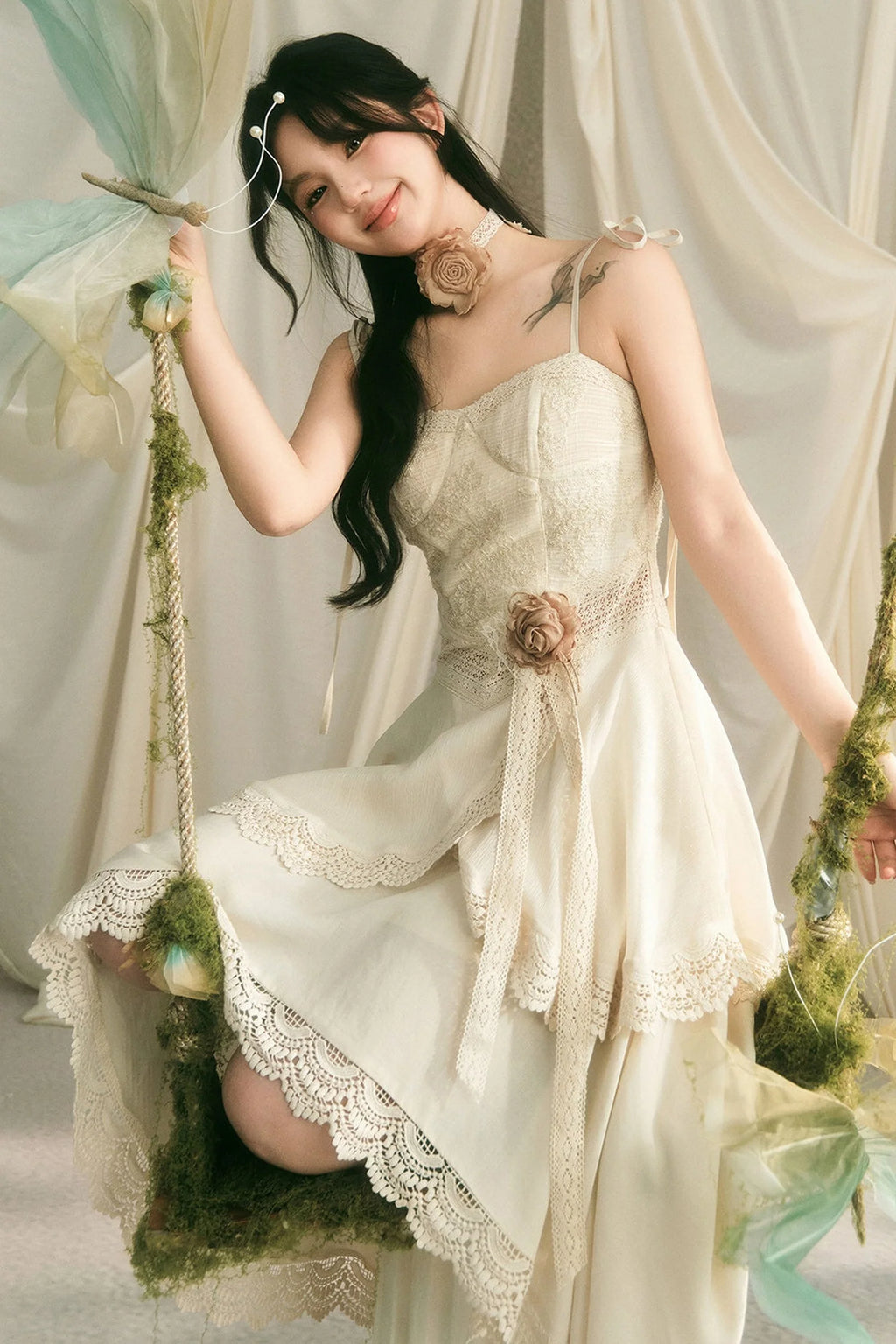 French Heavy Lace Trailing Strap Dress