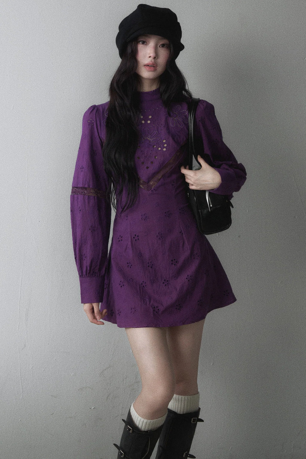 Hollow Embroidery Patchwork Long-Sleeve A-Line Dress