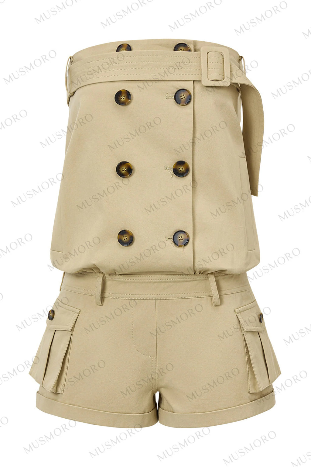 Khaki Double-Breasted Strapless Cargo Jumpsuit
