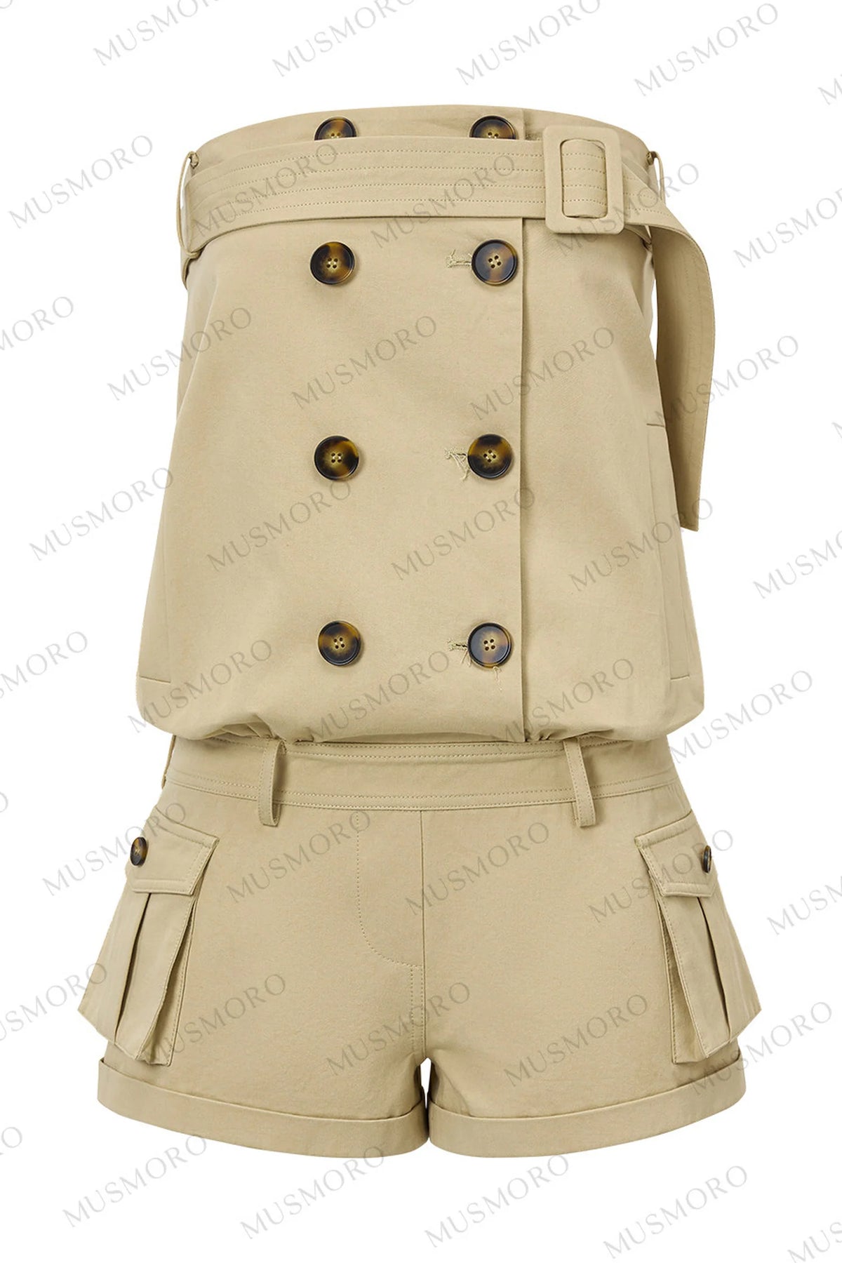 Khaki Double-Breasted Strapless Cargo Jumpsuit