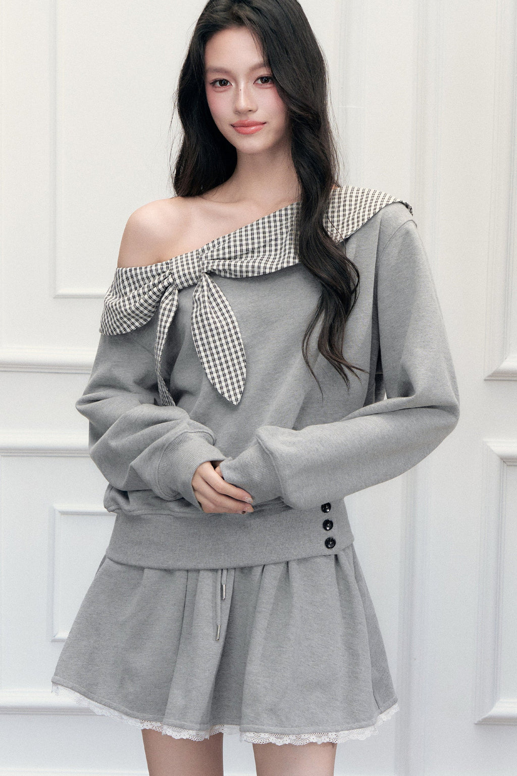 Plaid Patchwork Off-Shoulder Sweatshirt and Skirt Set-Up