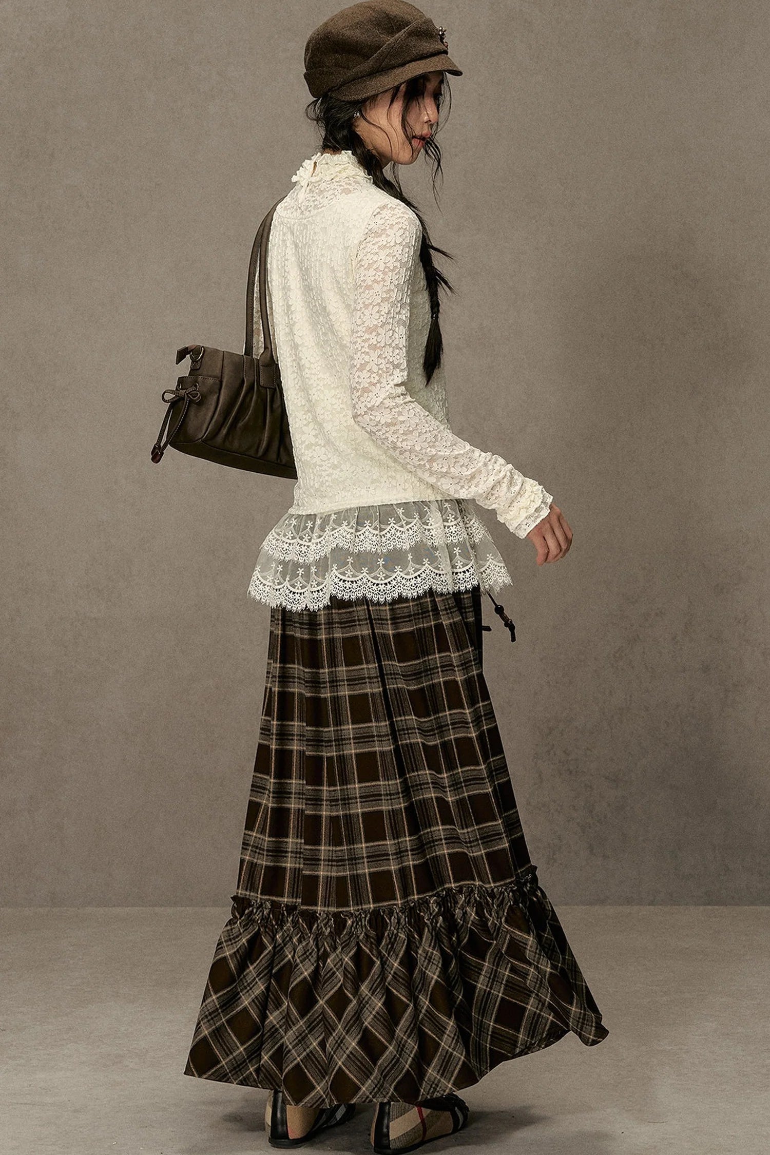 Elastic Waist Plaid Ruffle Skirt