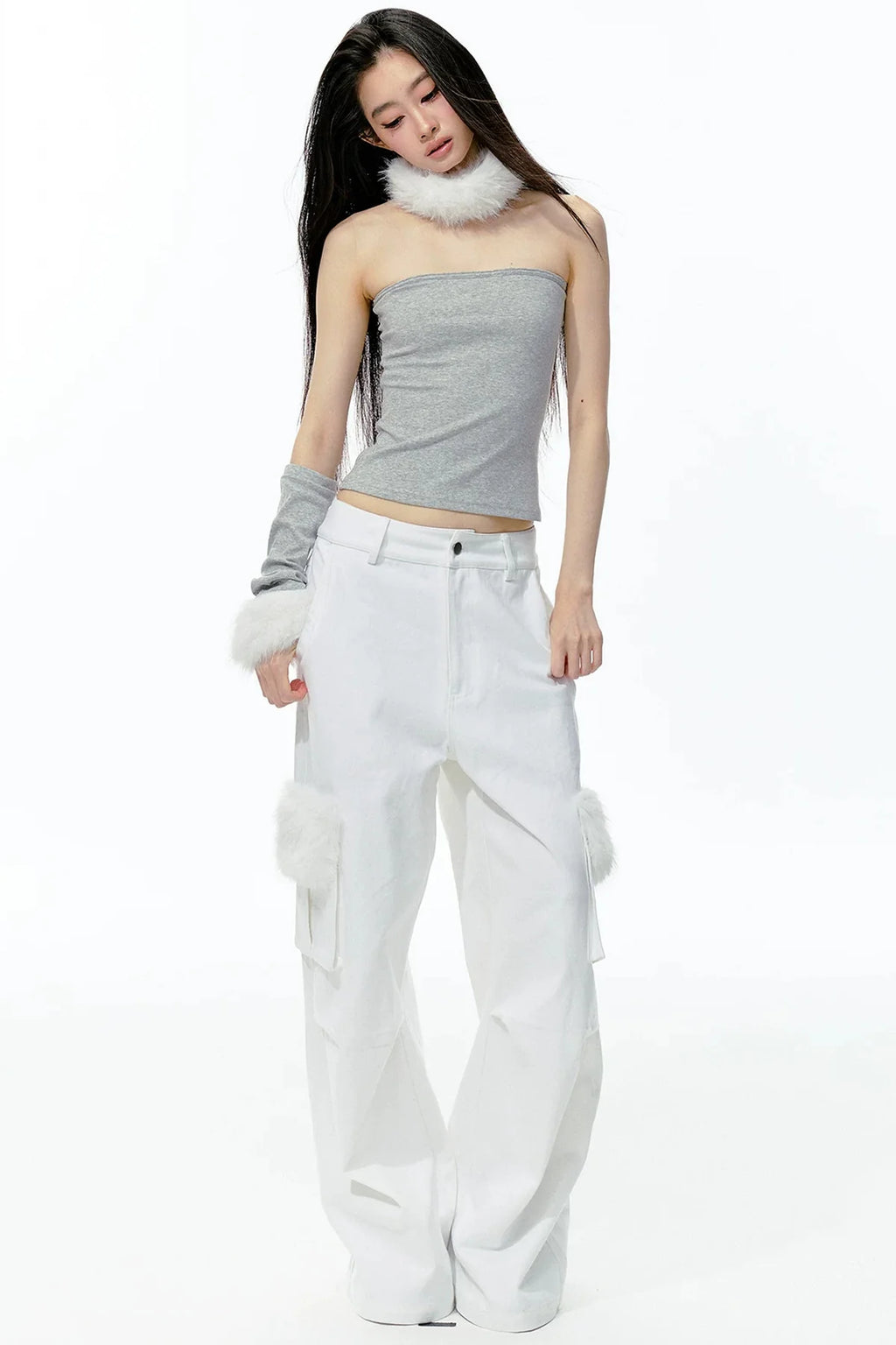 Detachable Fur Collar Knit Tube Top