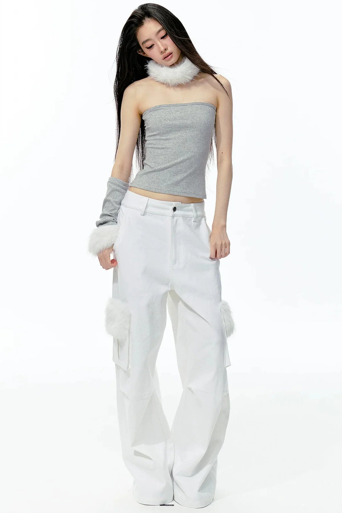 Detachable Fur Collar Knit Tube Top