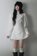 Hollow Embroidery Patchwork Long-Sleeve A-Line Dress