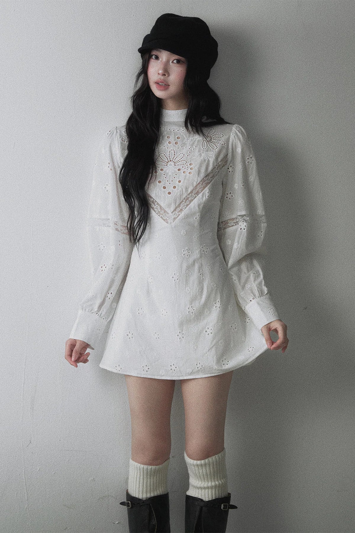 Hollow Embroidery Patchwork Long-Sleeve A-Line Dress