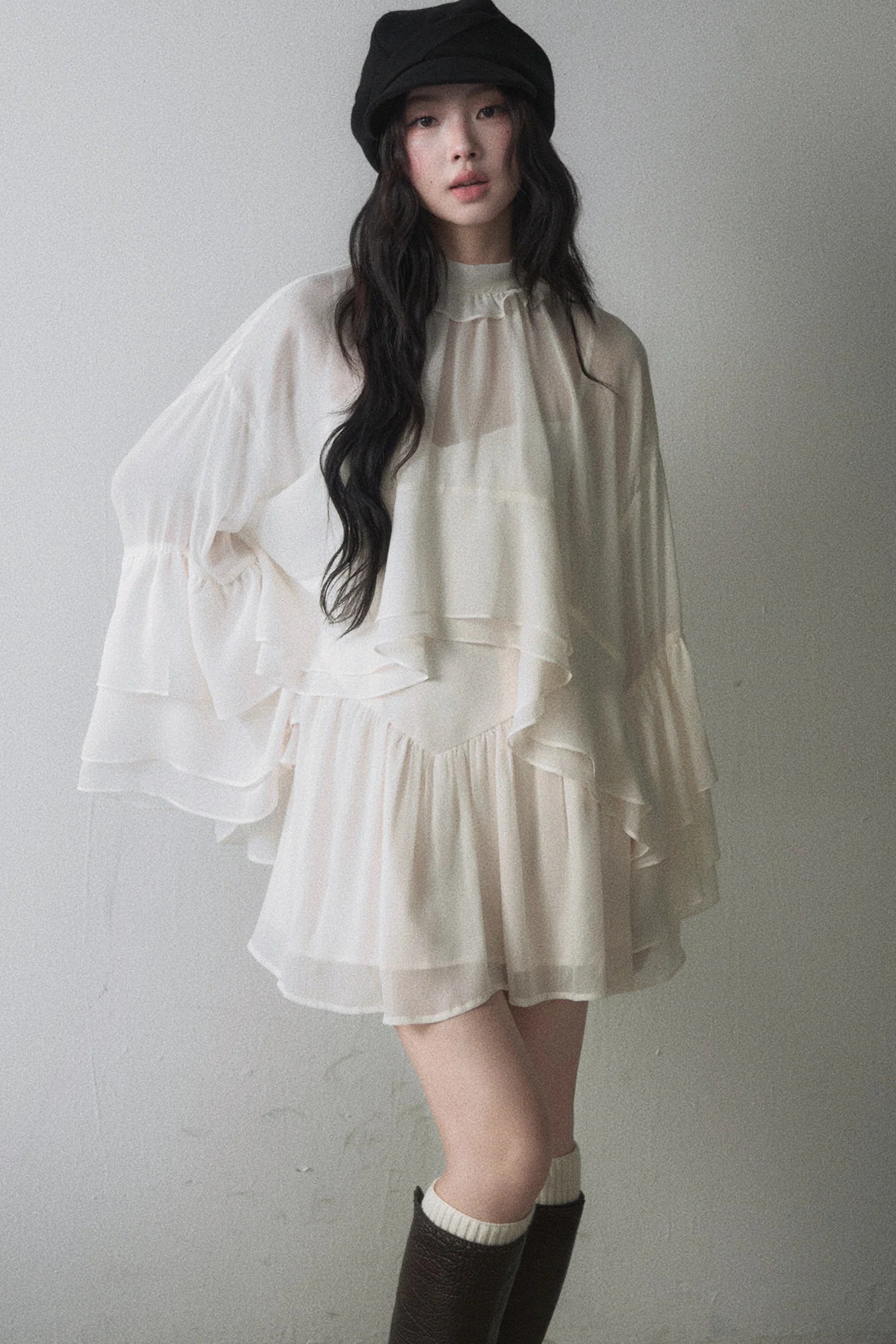 Ruffled Long-Sleeve Blouse and Suspender Dress Set-Up