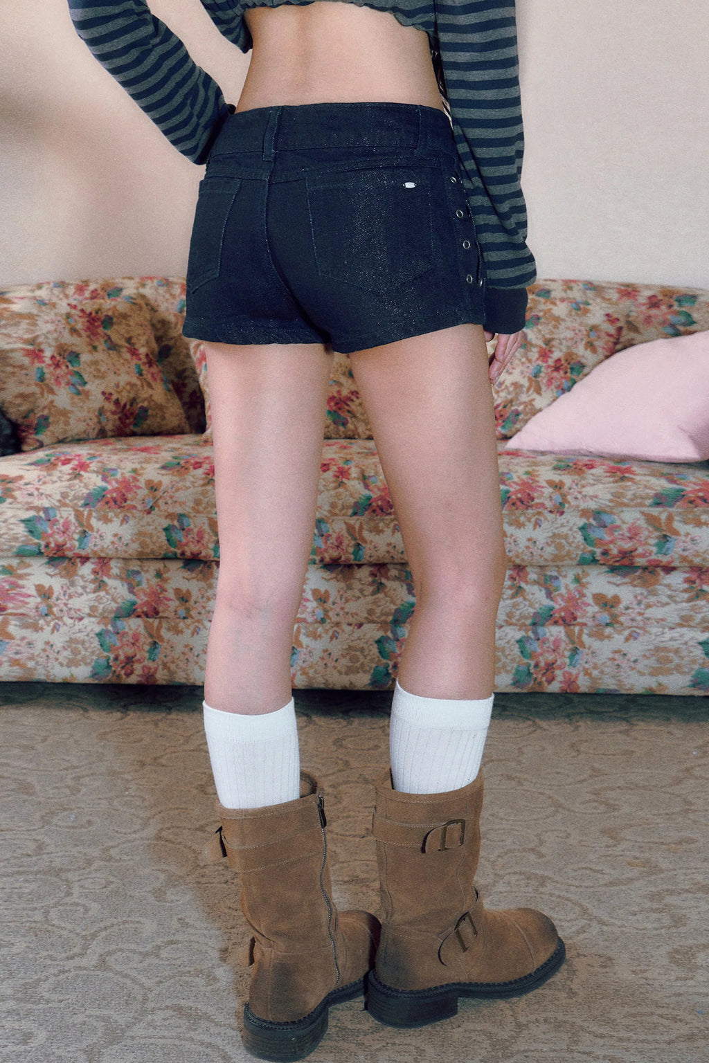 Studded Low-Waist Denim Shorts