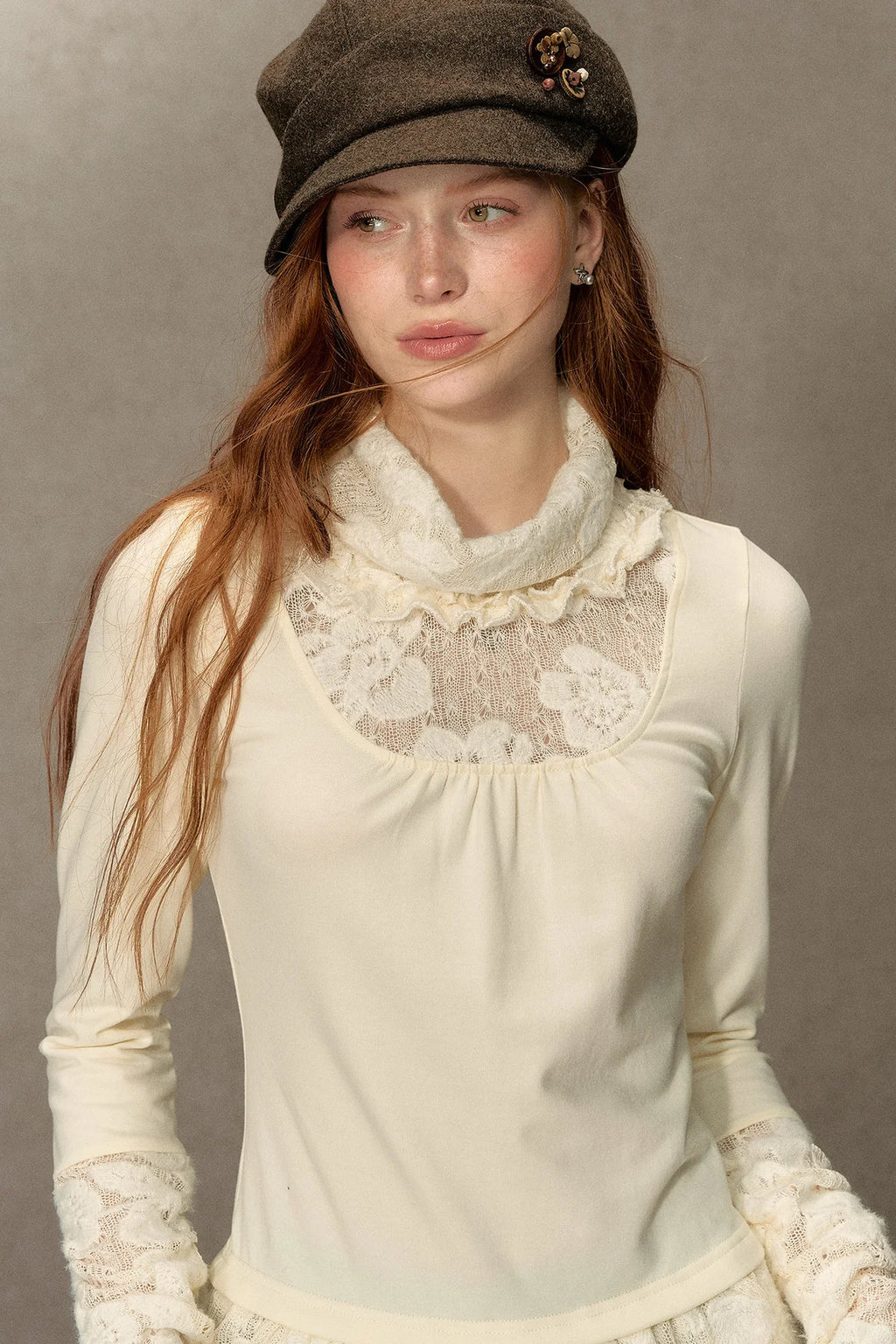 High-Neck Lace Edging Base Layer Top