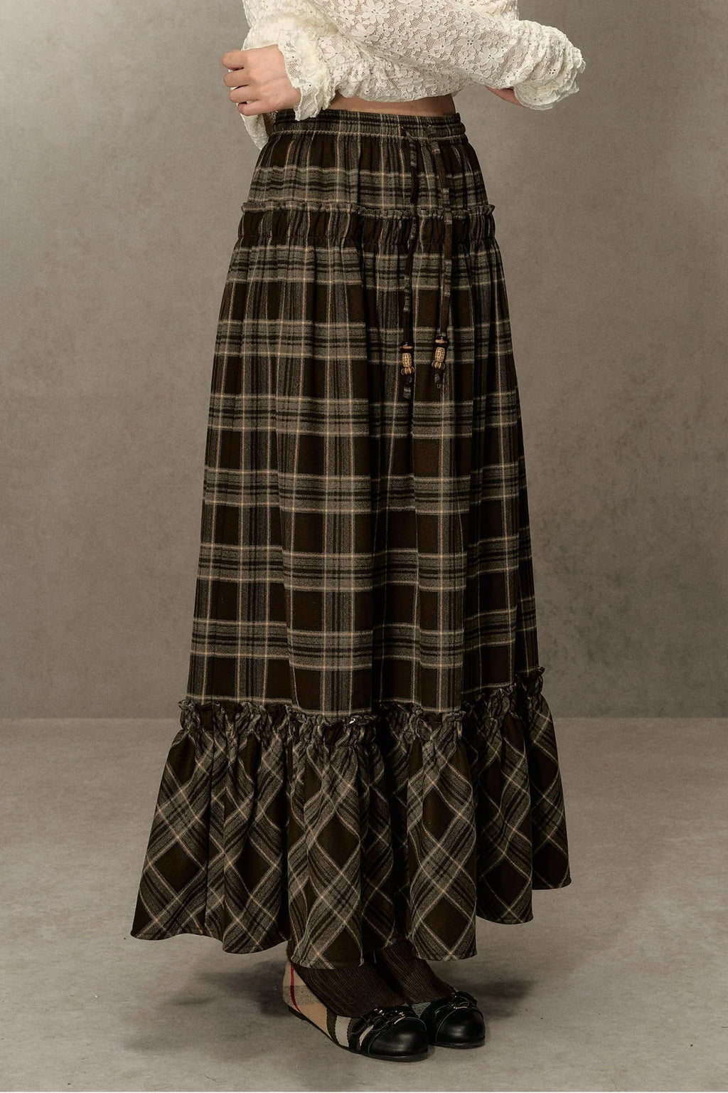 Elastic Waist Plaid Ruffle Skirt