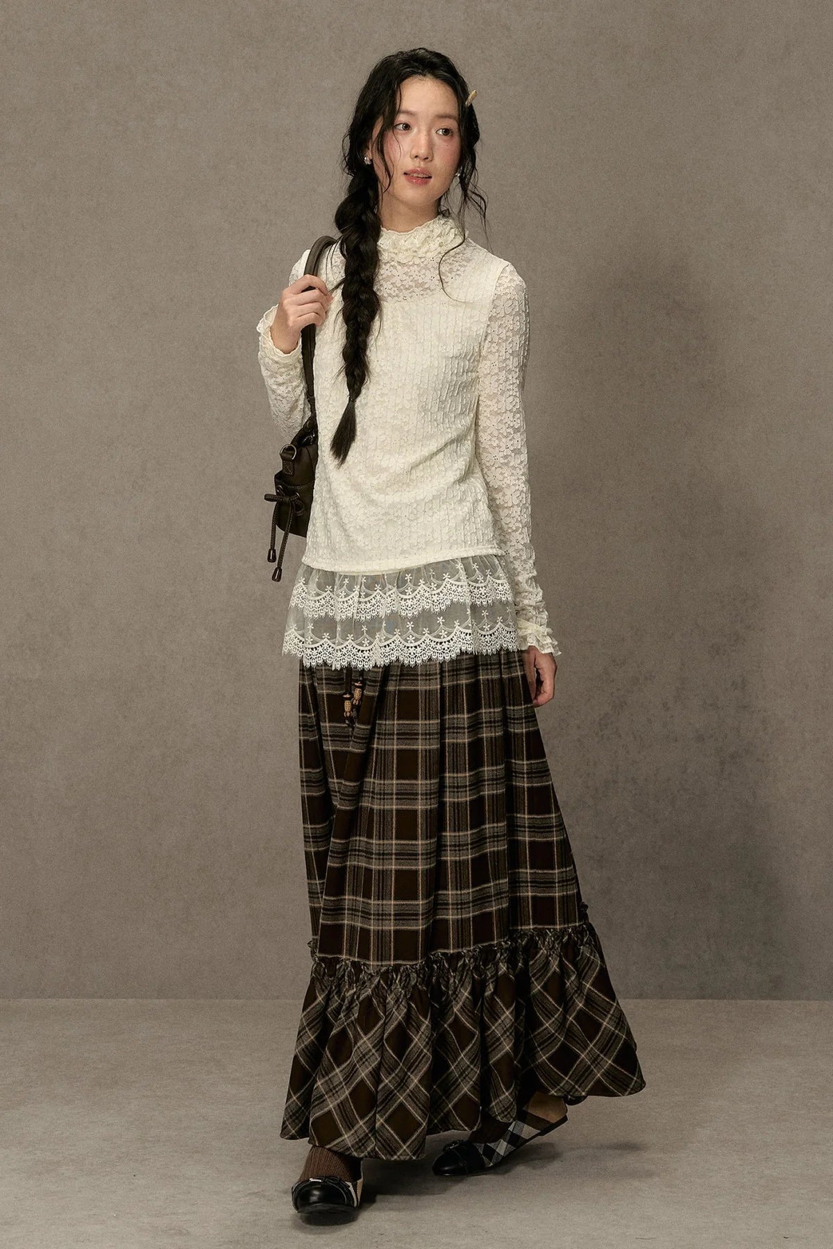 Elastic Waist Plaid Ruffle Skirt