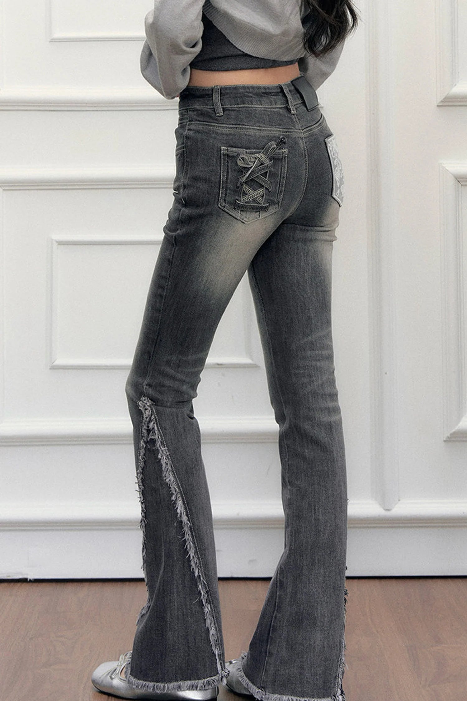 High-Waisted Washed Fringed Flared Jeans