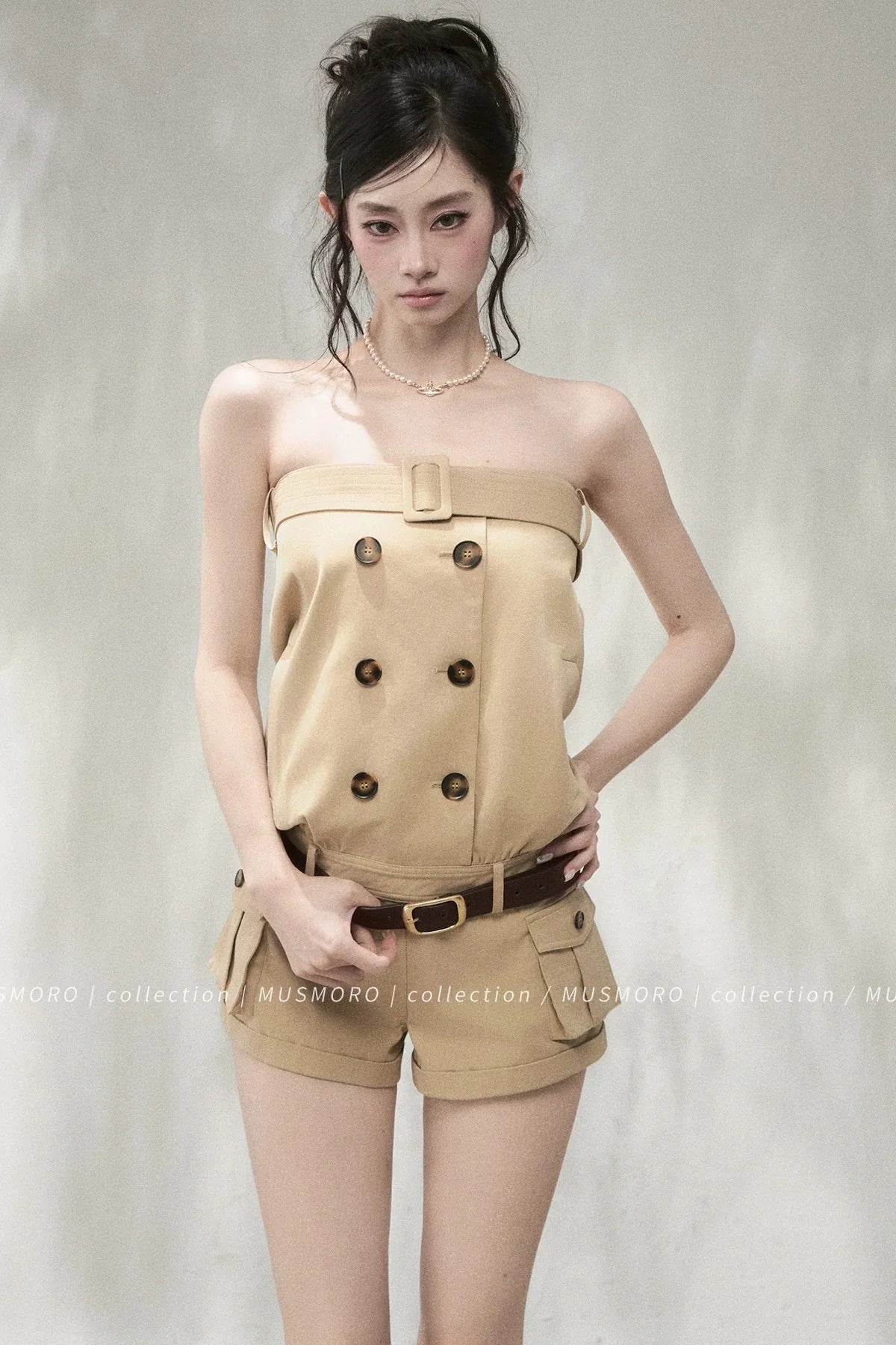 Khaki Double-Breasted Strapless Cargo Jumpsuit