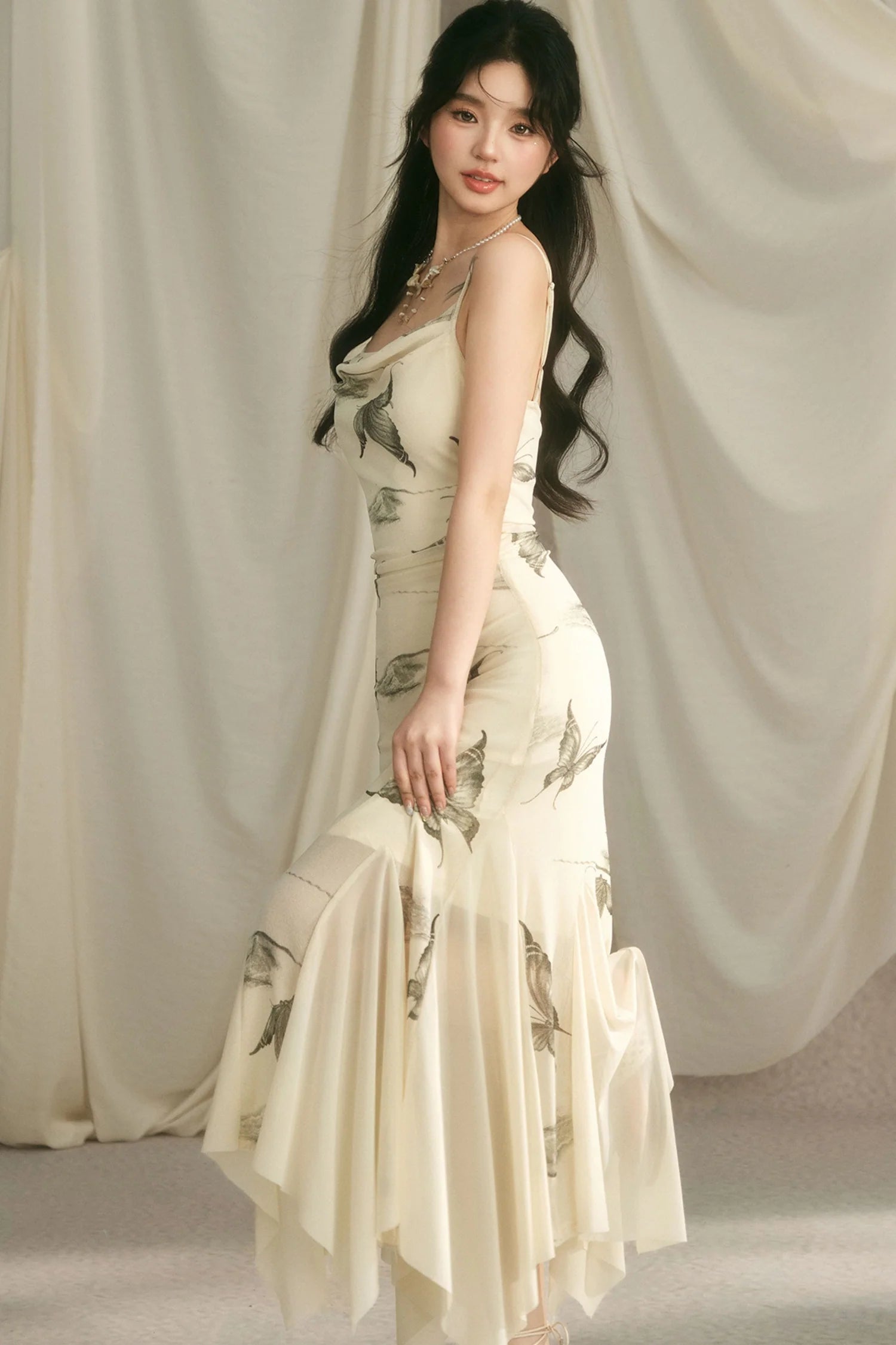 Pleated Waist Butterfly Print Strap Dress
