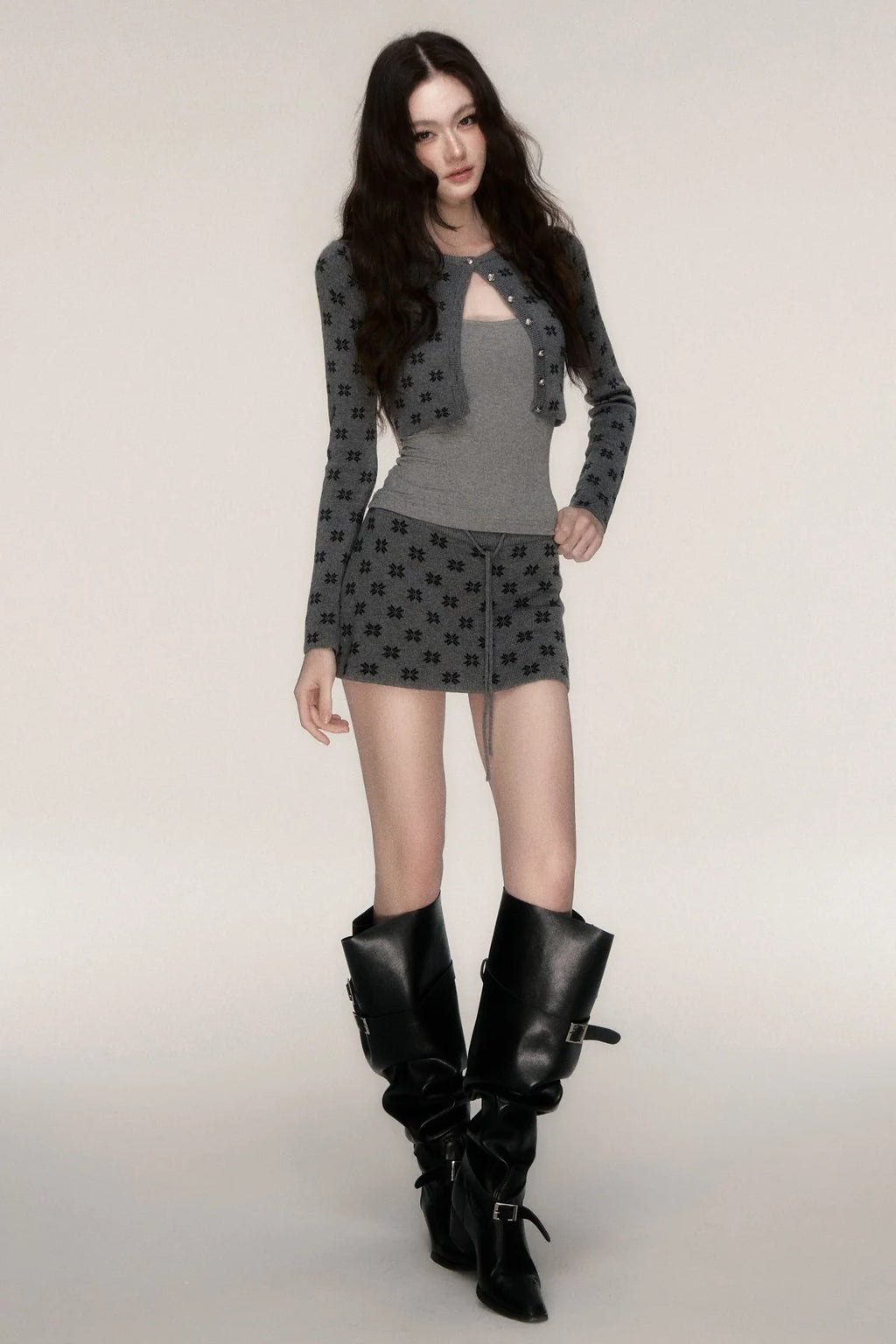 Grey Knit Cardigan and Skirt Set-Up