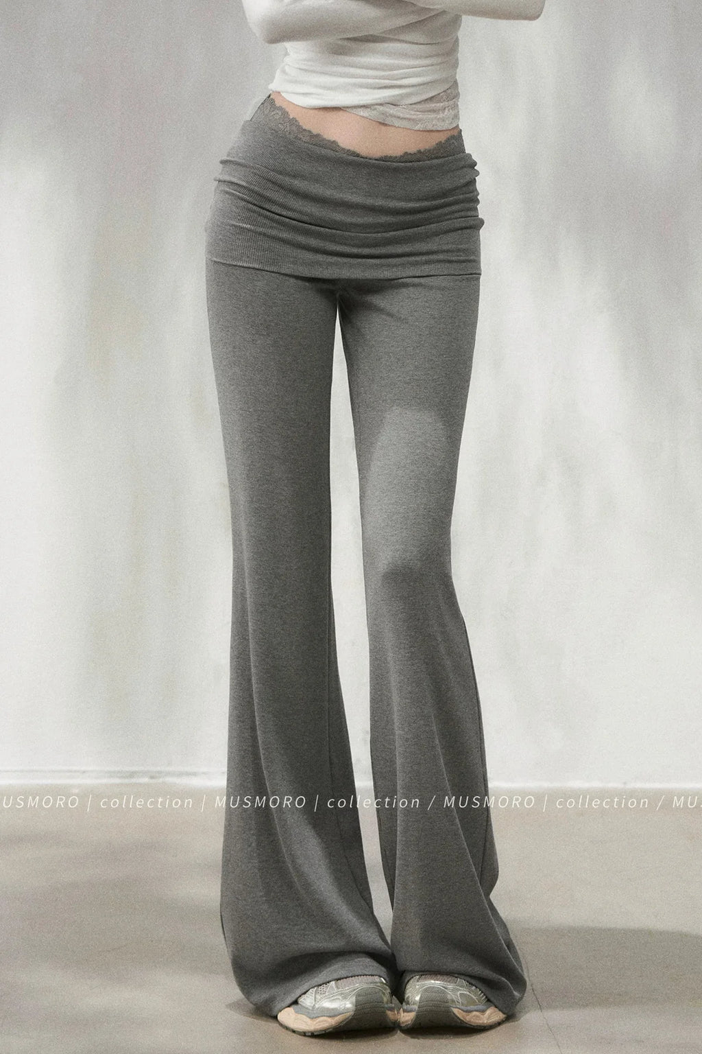Lace Trim Folded Waistband Flared Pants