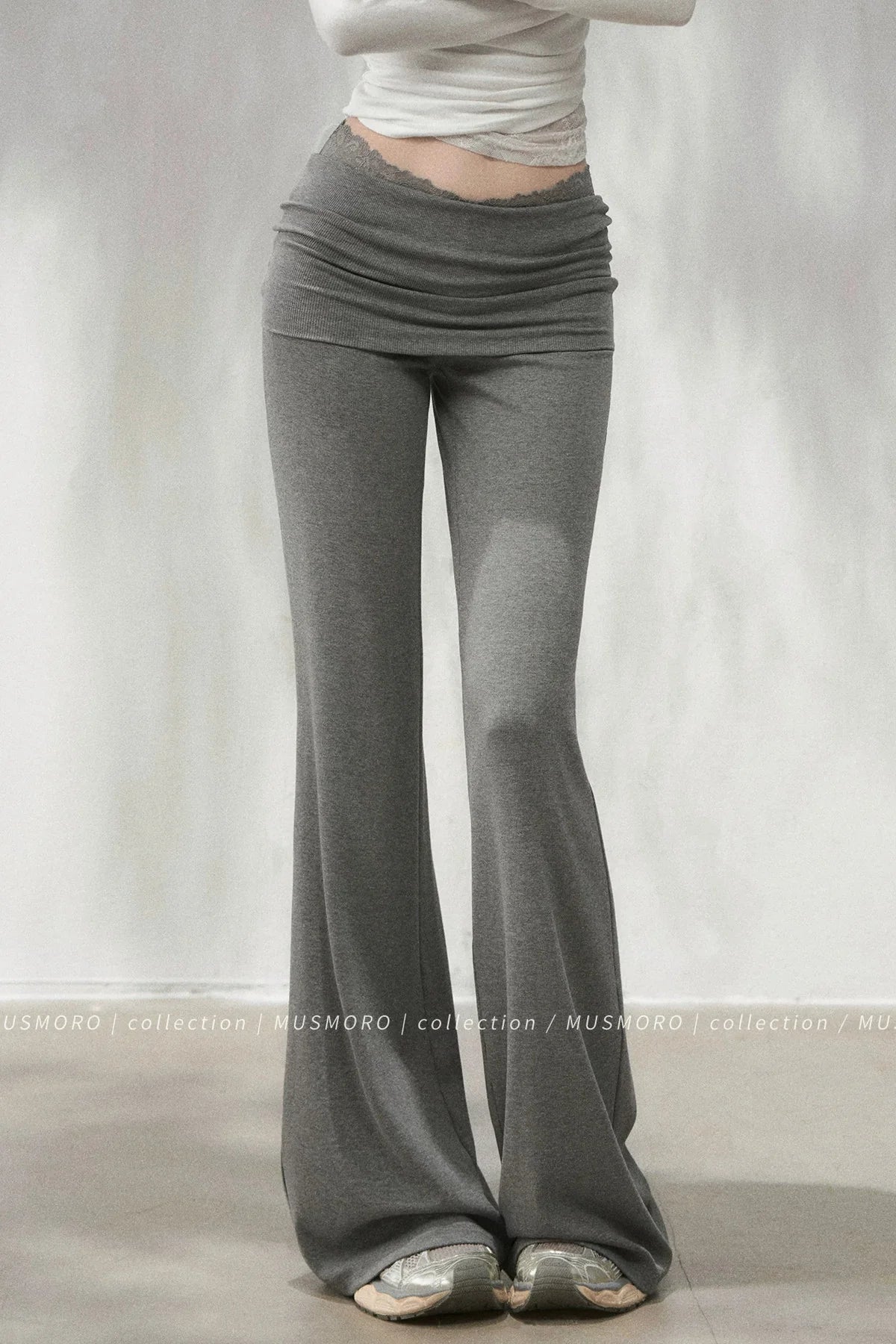 Lace Trim Folded Waistband Flared Pants