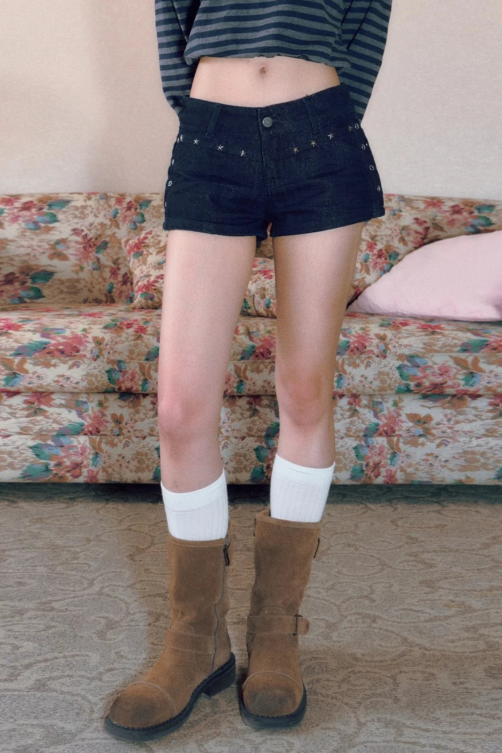 Studded Low-Waist Denim Shorts