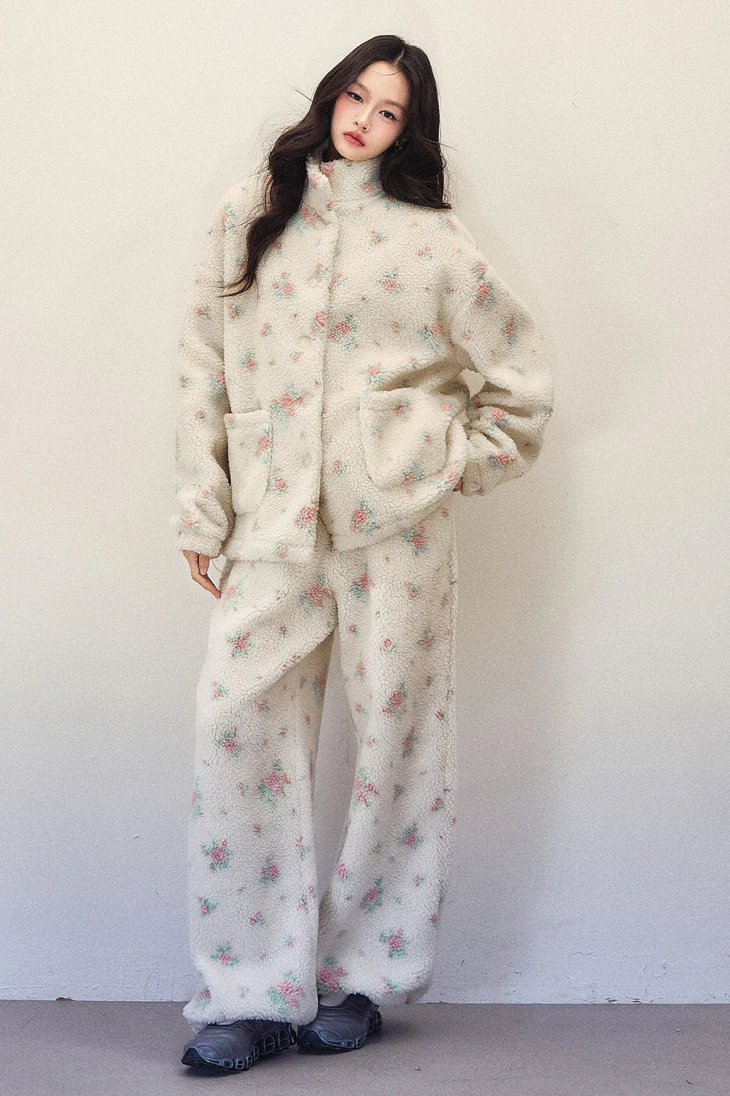 Floral Lamb Wool Jacket and Elastic Waist Wide-Leg Pants Set-Up