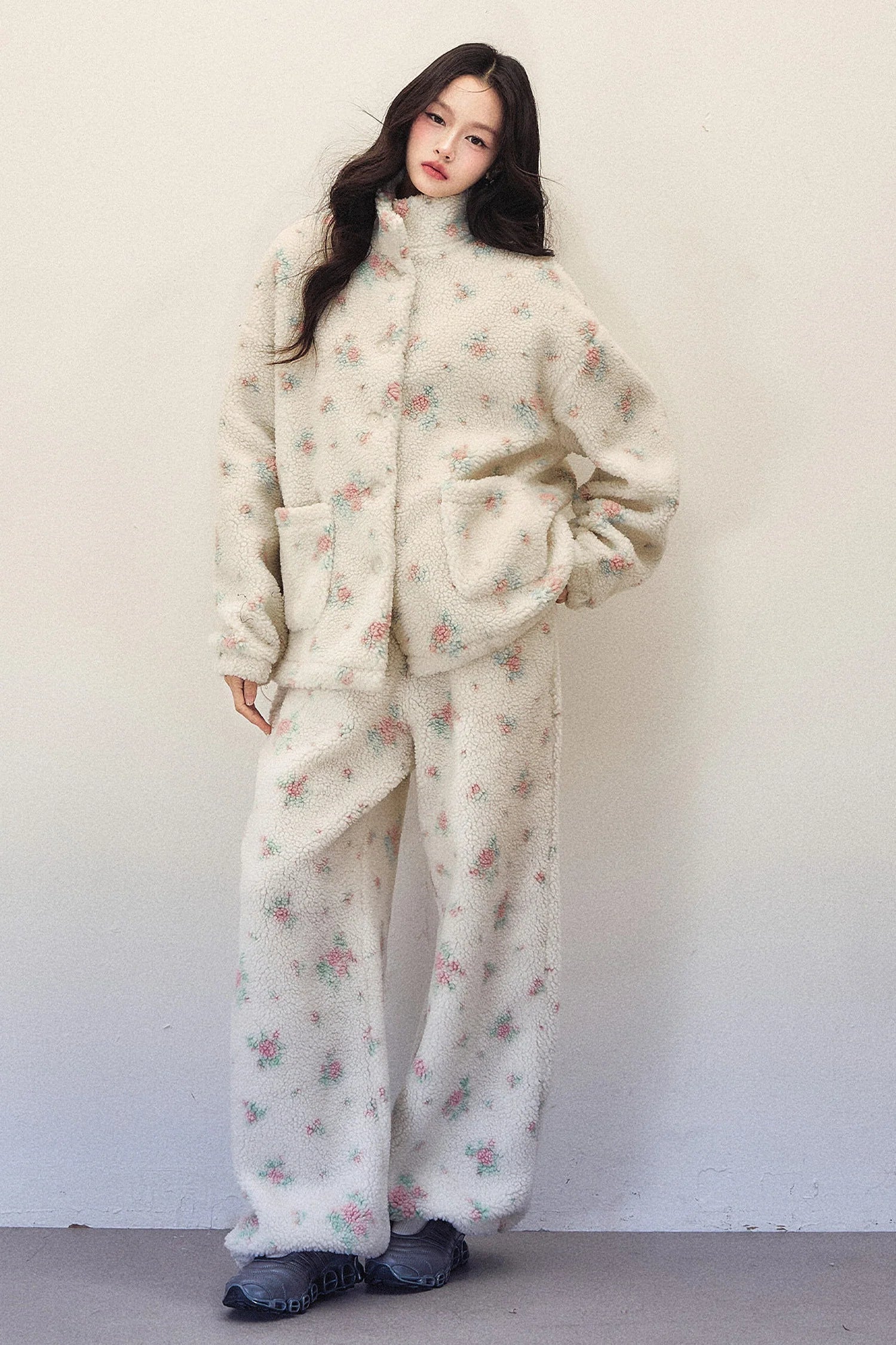 Floral Lamb Wool Jacket and Elastic Waist Wide-Leg Pants Set-Up