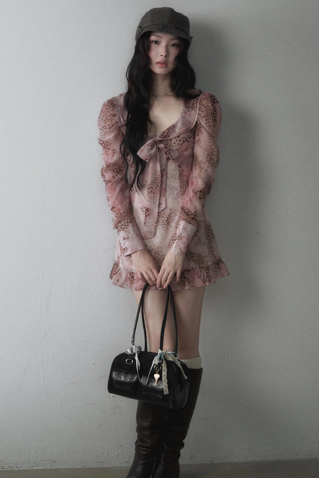 Pink Leopard Print Bow Tie U-Neck Dress