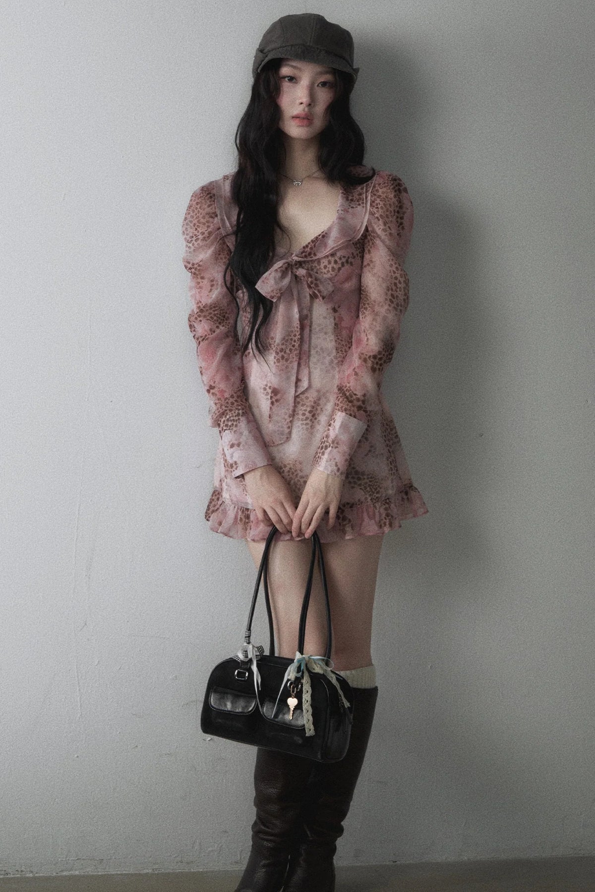 Pink Leopard Print Bow Tie U-Neck Dress