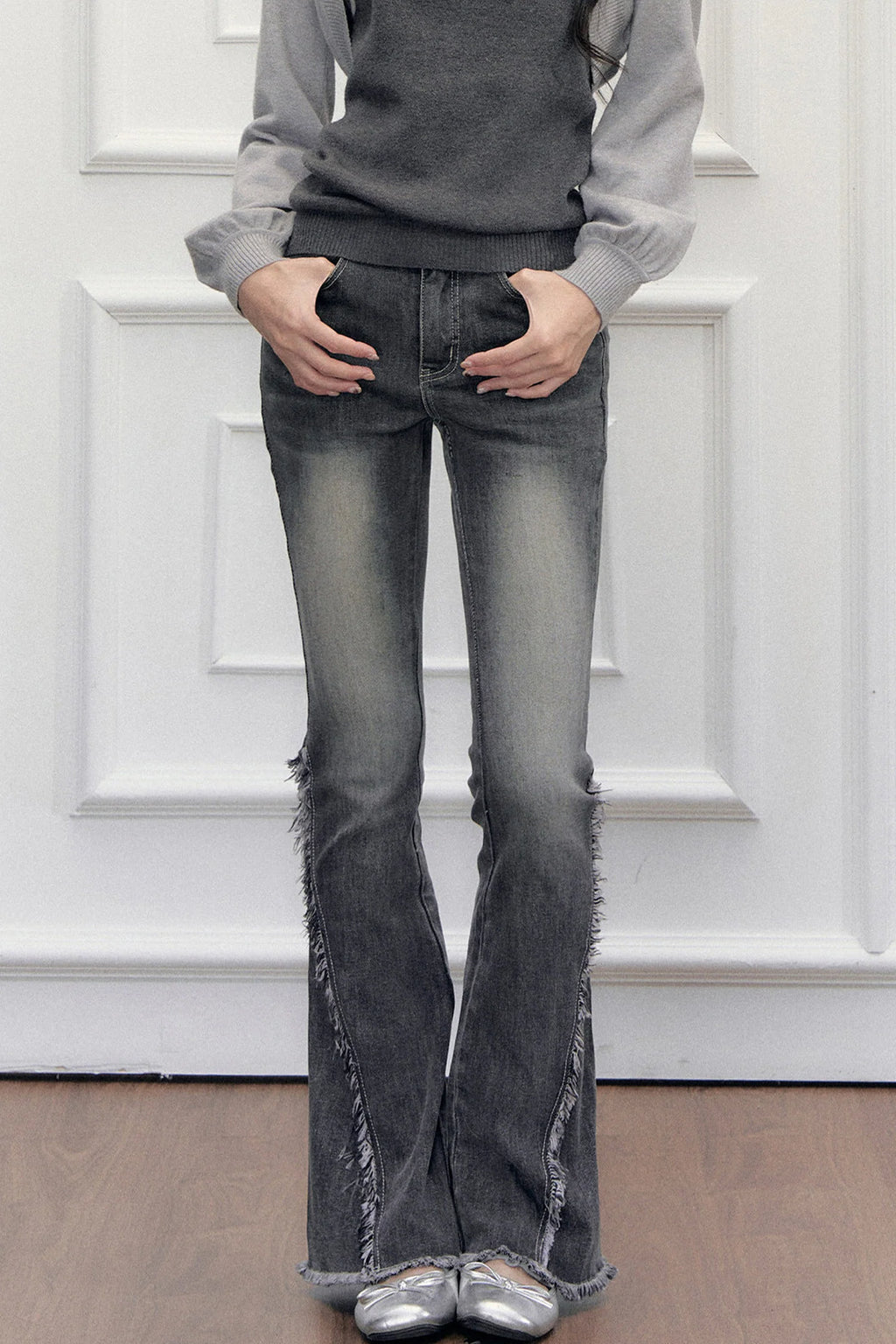 High-Waisted Washed Fringed Flared Jeans