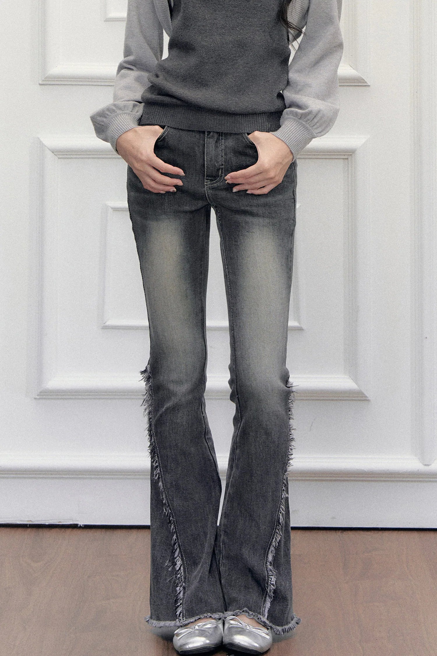 High-Waisted Washed Fringed Flared Jeans