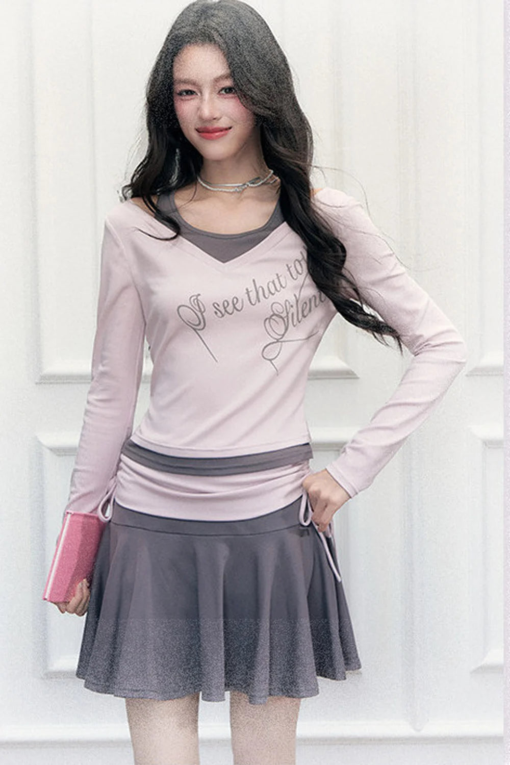 Letter Print T-Shirt with Contrast Drawstring Skirt Set-Up
