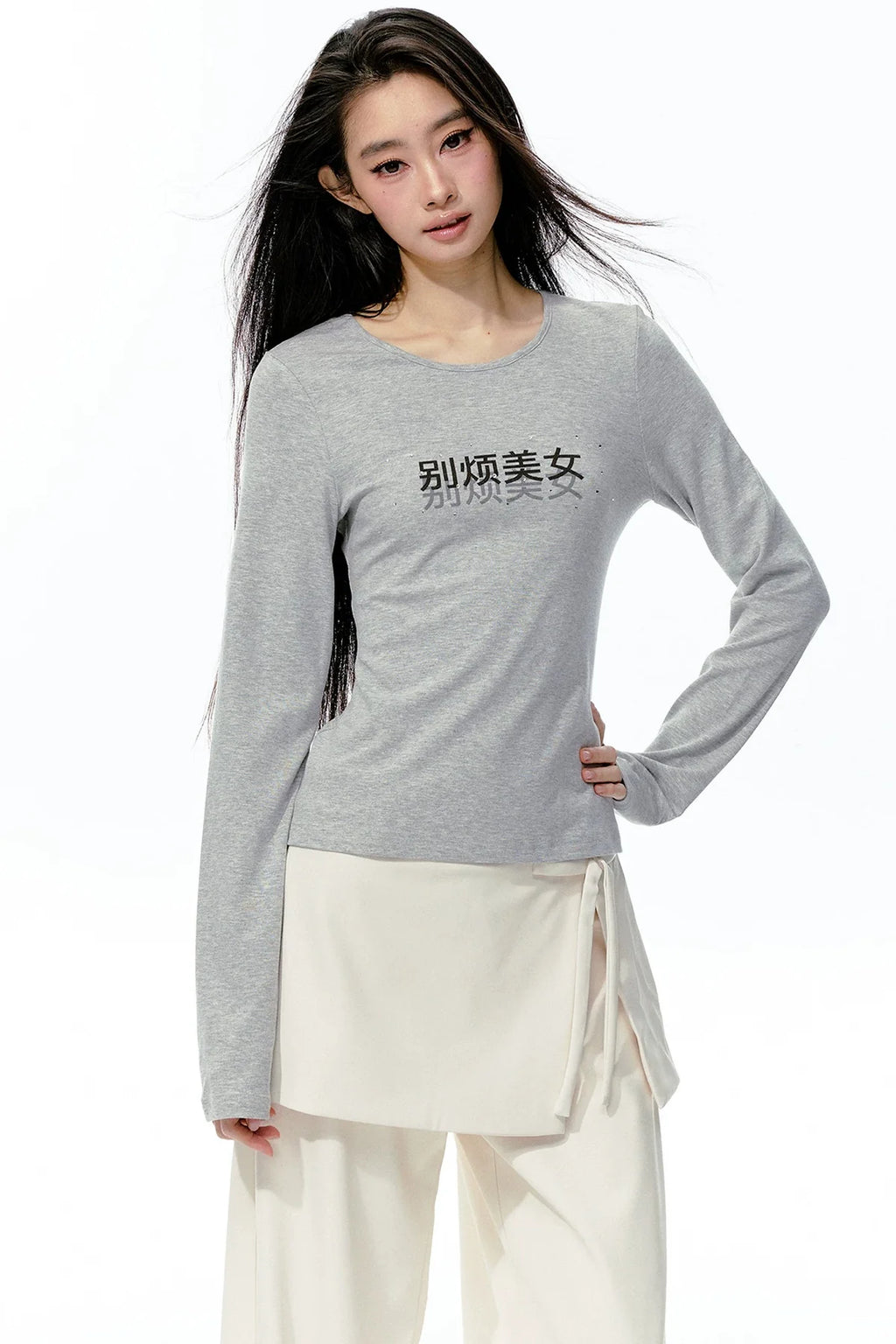 Rhinestone Print Knit Long-Sleeve T-Shirt