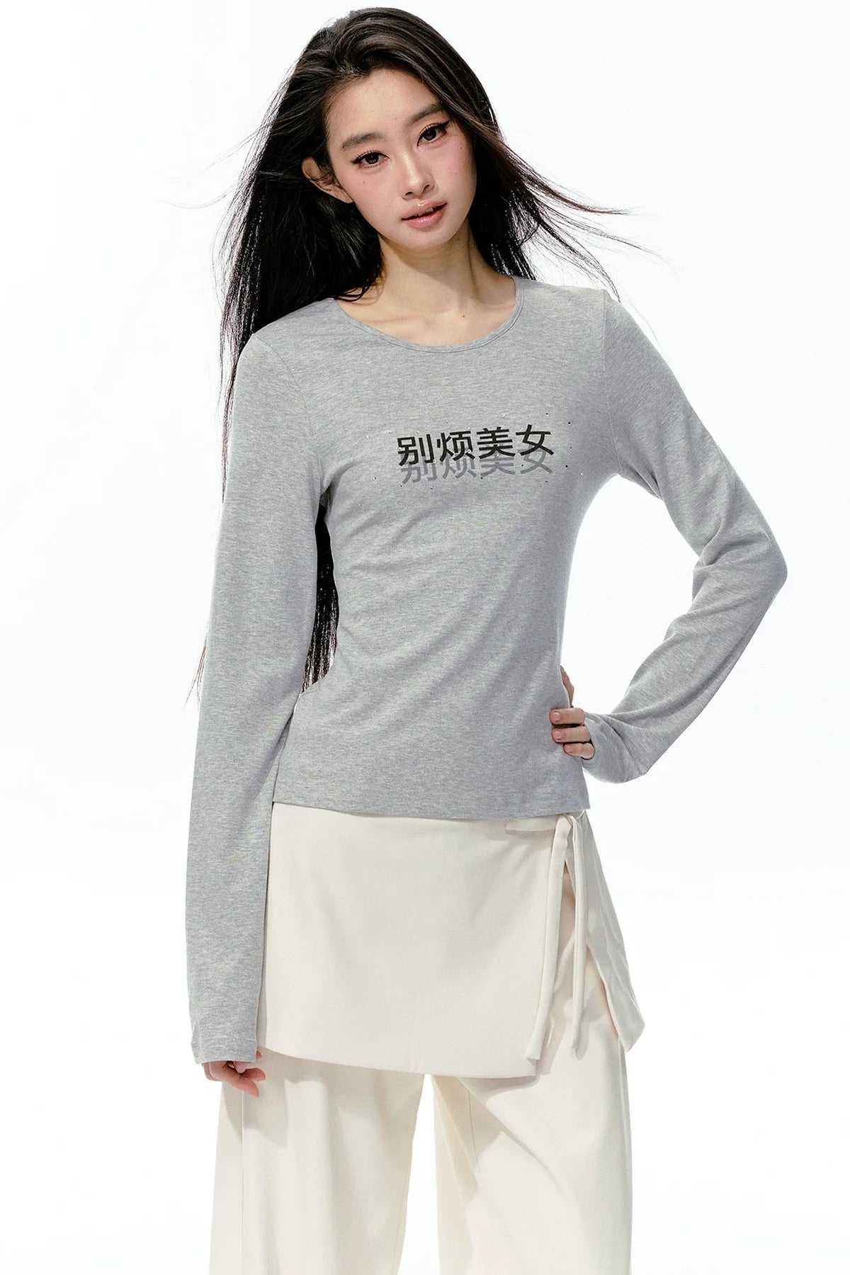 Rhinestone Print Knit Long-Sleeve T-Shirt