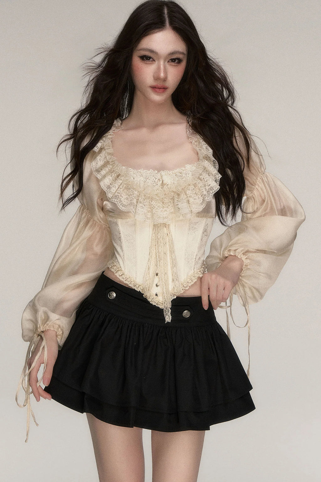 Beige Lace Jacquard Corset Lace-Up Top