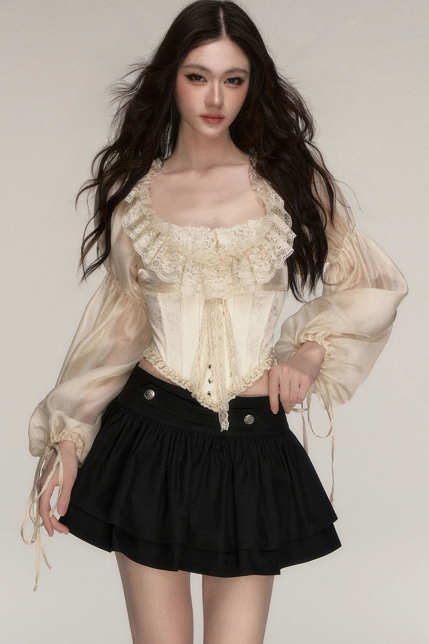 Beige Lace Jacquard Corset Lace-Up Top